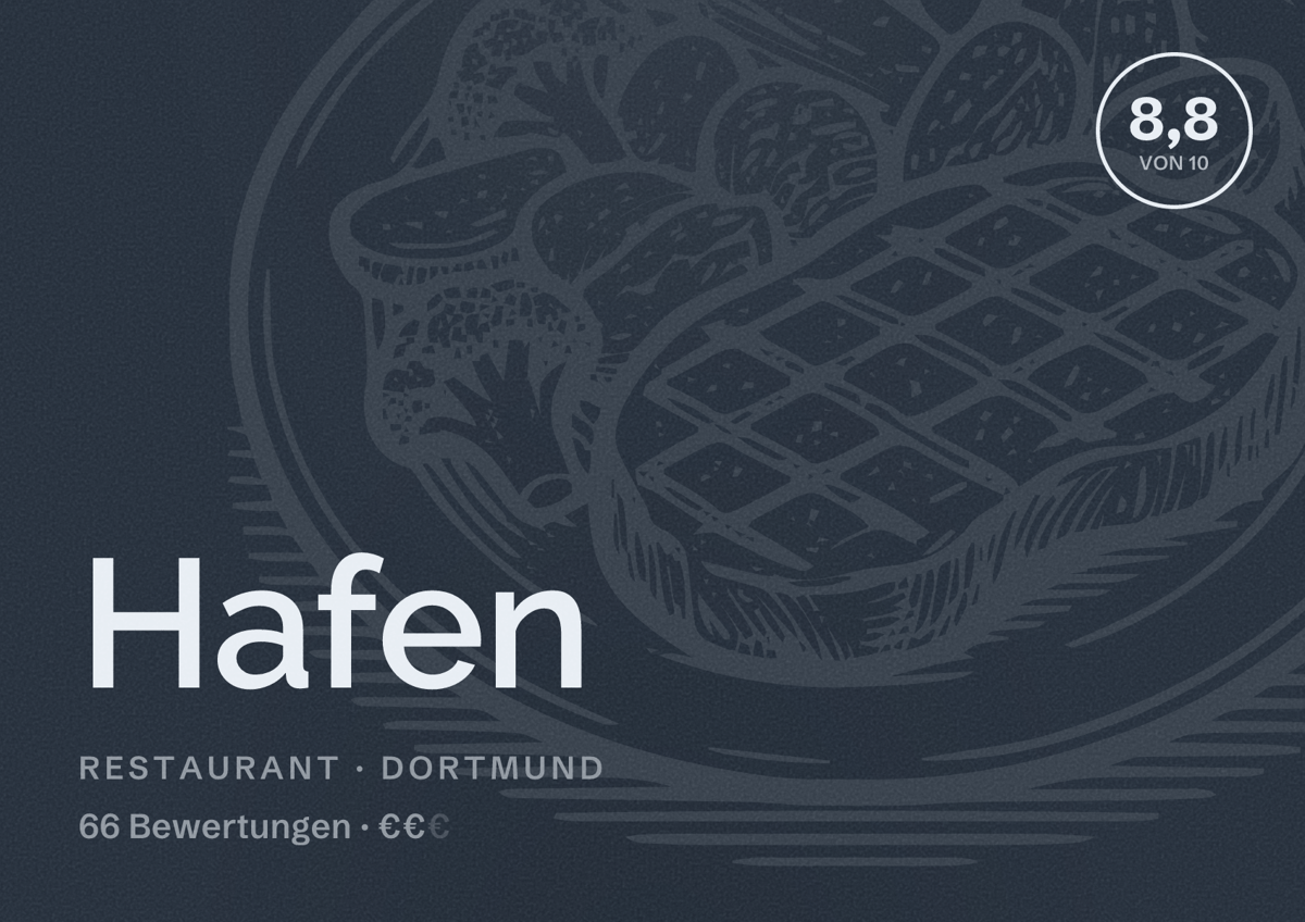 Illustriertes Poster von Hafen, Restaurant in Dortmund: Bewertung 8,8 von 10 aus 66 Bewertungen, Preisniveau €€