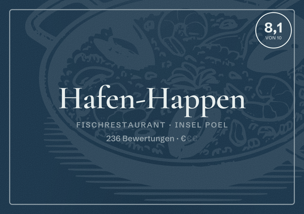 Illustriertes Poster von Hafen-Happen, Fischrestaurant in Insel Poel: Bewertung 8,1 von 10 aus 236 Bewertungen, Preisniveau €