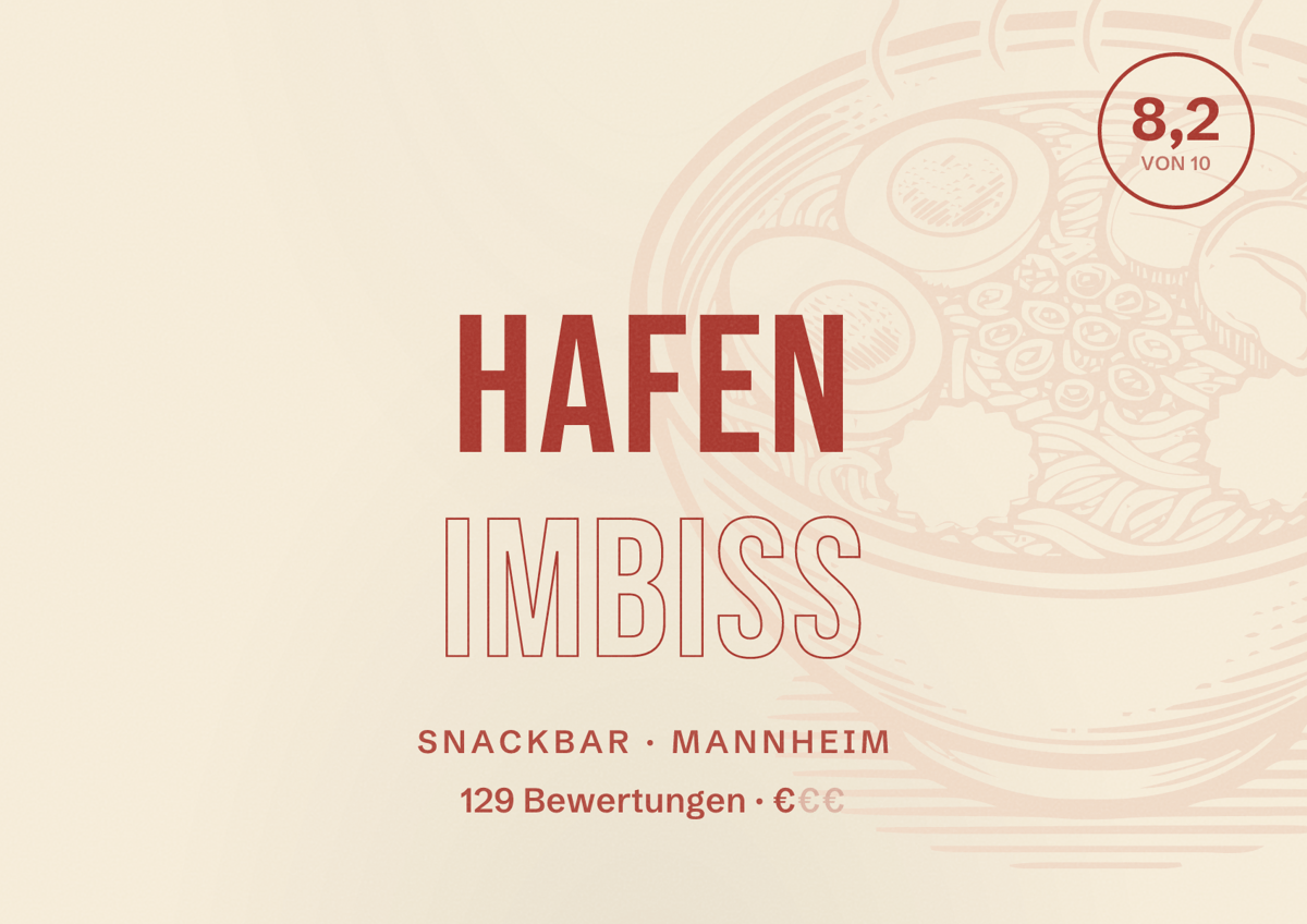 Illustriertes Poster von Hafen Imbiss, Snackbar in Mannheim: Bewertung 8,2 von 10 aus 129 Bewertungen, Preisniveau €