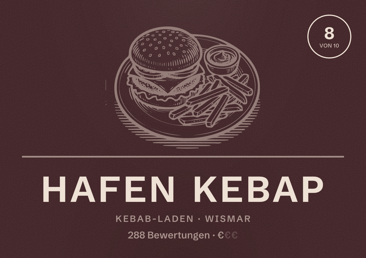 Illustriertes Poster von HAFEN KEBAP, Kebab-Laden in Wismar: Bewertung 8 von 10 aus 288 Bewertungen, Preisniveau €