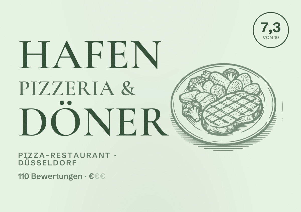 Illustriertes Poster von Hafen Pizzeria & Döner, Pizza-Restaurant in Düsseldorf: Bewertung 7,3 von 10 aus 110 Bewertungen, Preisniveau €