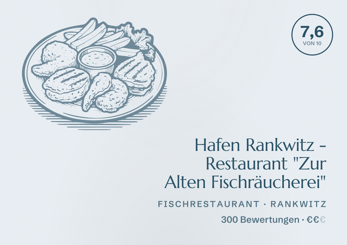 Illustriertes Poster von Hafen Rankwitz - Restaurant "Zur Alten Fischräucherei", Fischrestaurant in Rankwitz: Bewertung 7,6 von 10 aus 300 Bewertungen, Preisniveau €€