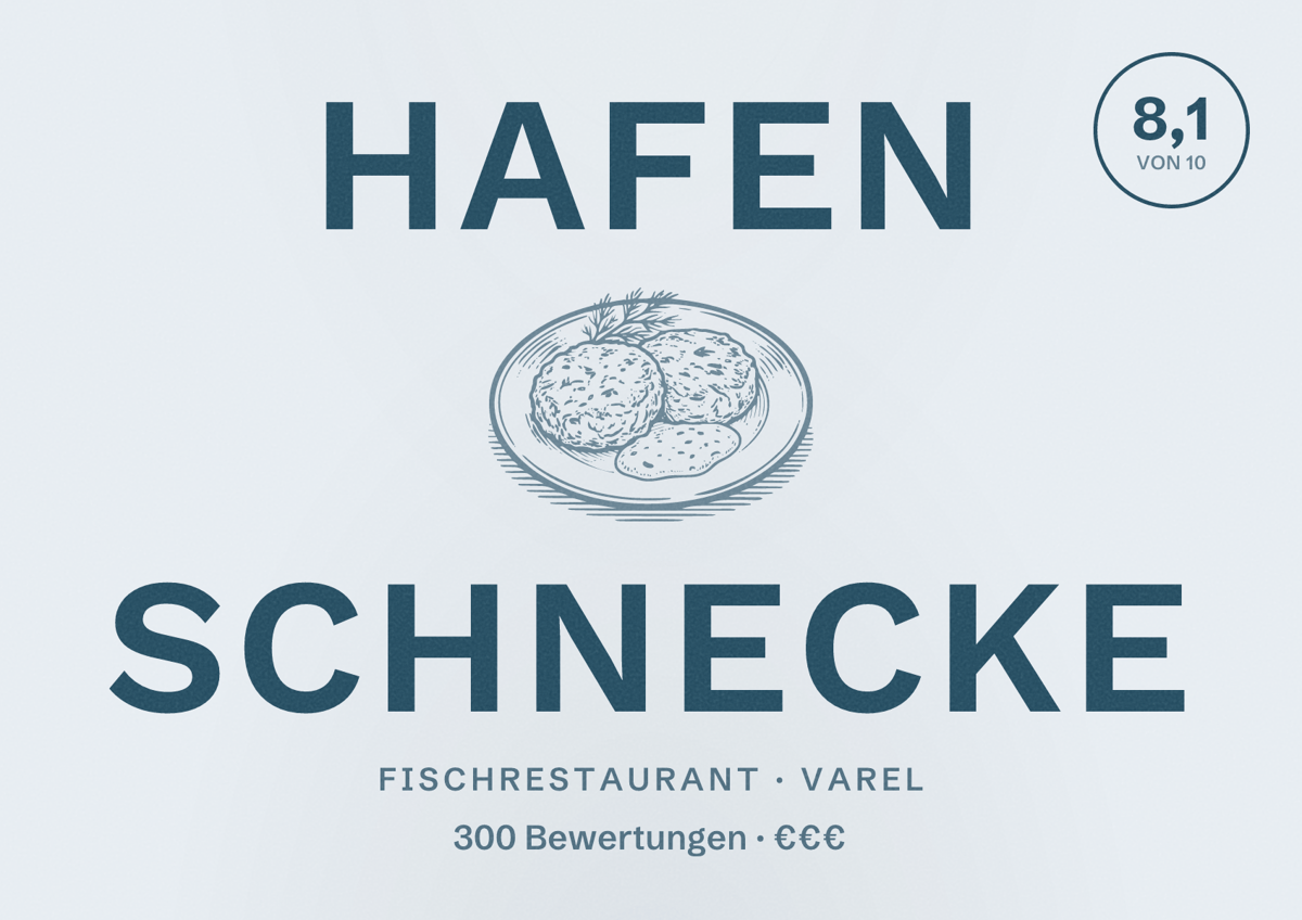 Illustriertes Poster von Hafen Schnecke, Fischrestaurant in Varel: Bewertung 8,1 von 10 aus 300 Bewertungen, Preisniveau €€€