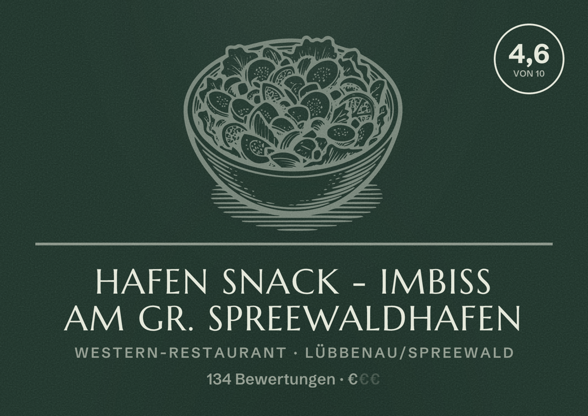 Illustriertes Poster von Hafen Snack - Imbiss am gr. Spreewaldhafen, Western-Restaurant in Lübbenau/Spreewald: Bewertung 4,6 von 10 aus 134 Bewertungen, Preisniveau €