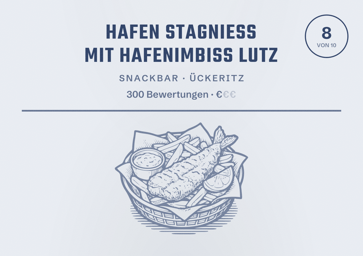 Illustriertes Poster von Hafen Stagnieß mit Hafenimbiss Lutz, Snackbar in Ückeritz: Bewertung 8 von 10 aus 300 Bewertungen, Preisniveau €