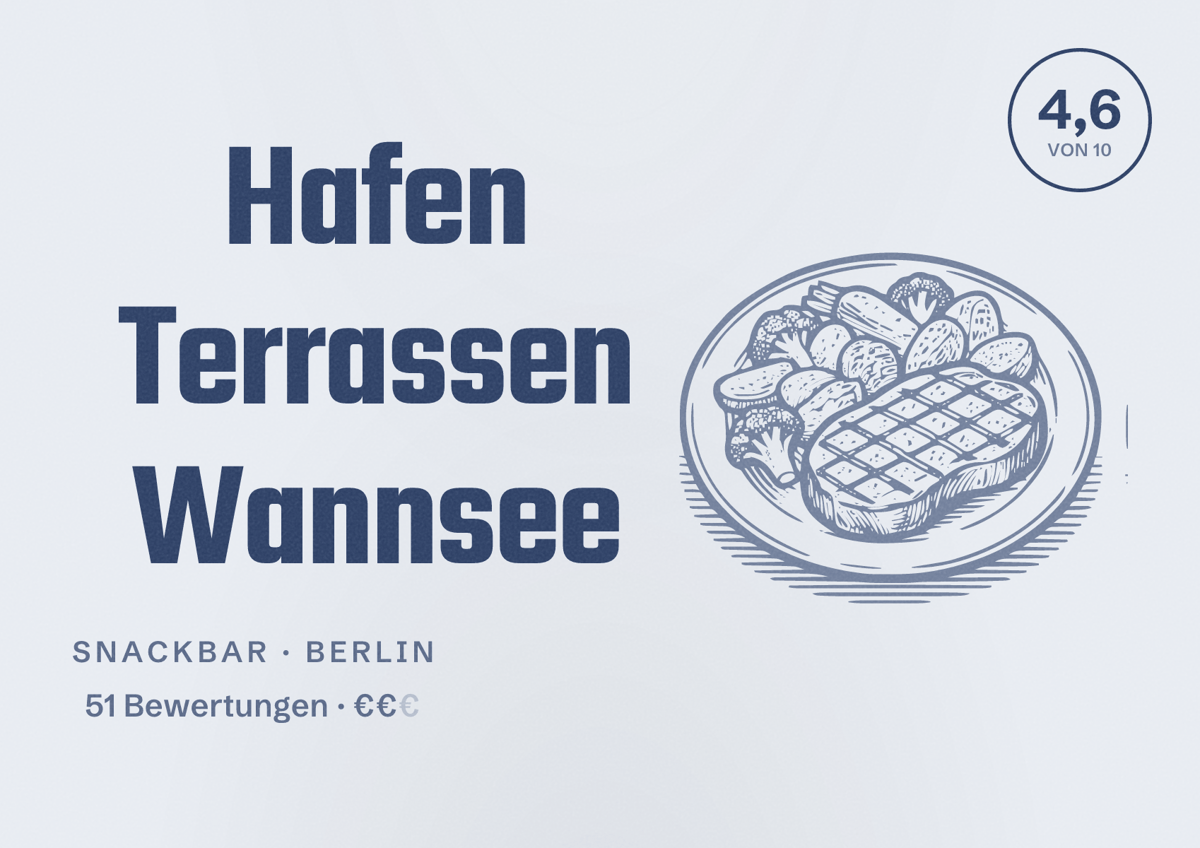 Illustriertes Poster von Hafen Terrassen Wannsee, Snackbar in Berlin: Bewertung 4,6 von 10 aus 51 Bewertungen, Preisniveau €€