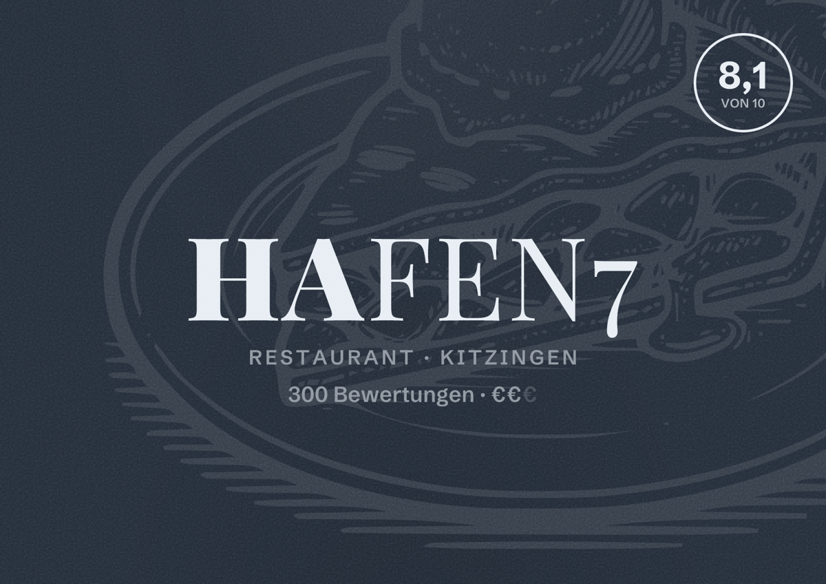Illustriertes Poster von Hafen7, Restaurant in Kitzingen: Bewertung 8,1 von 10 aus 300 Bewertungen, Preisniveau €€