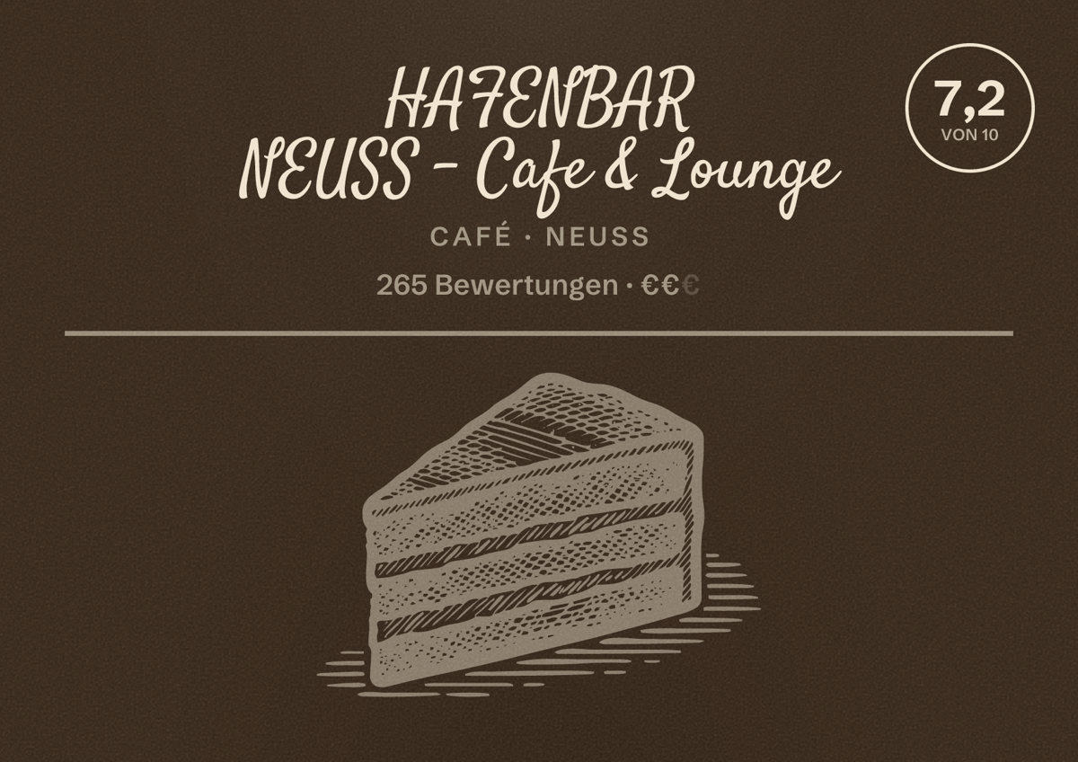 Illustriertes Poster von HAFENBAR NEUSS - Cafe & Lounge, Café in Neuss: Bewertung 7,2 von 10 aus 265 Bewertungen, Preisniveau €€