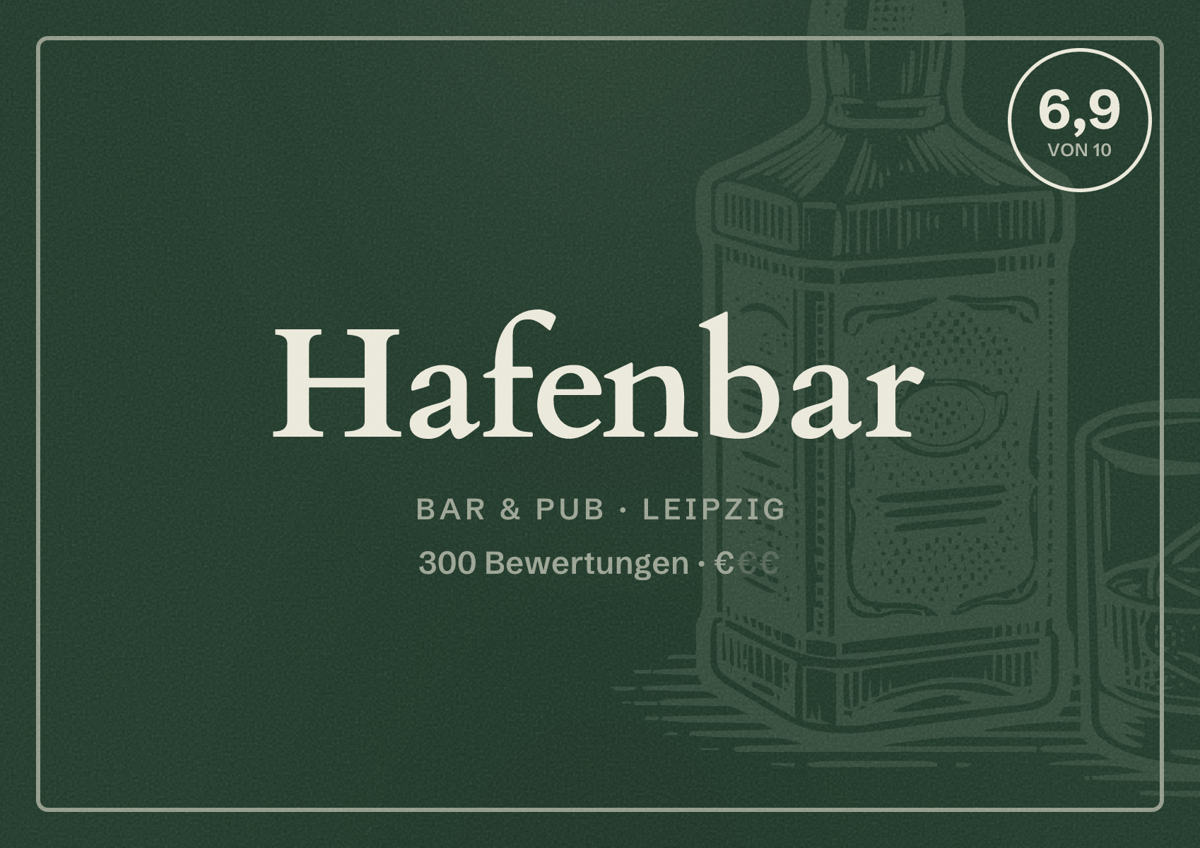 Illustriertes Poster von Hafenbar, Bar & Pub in Leipzig: Bewertung 6,9 von 10 aus 300 Bewertungen, Preisniveau €