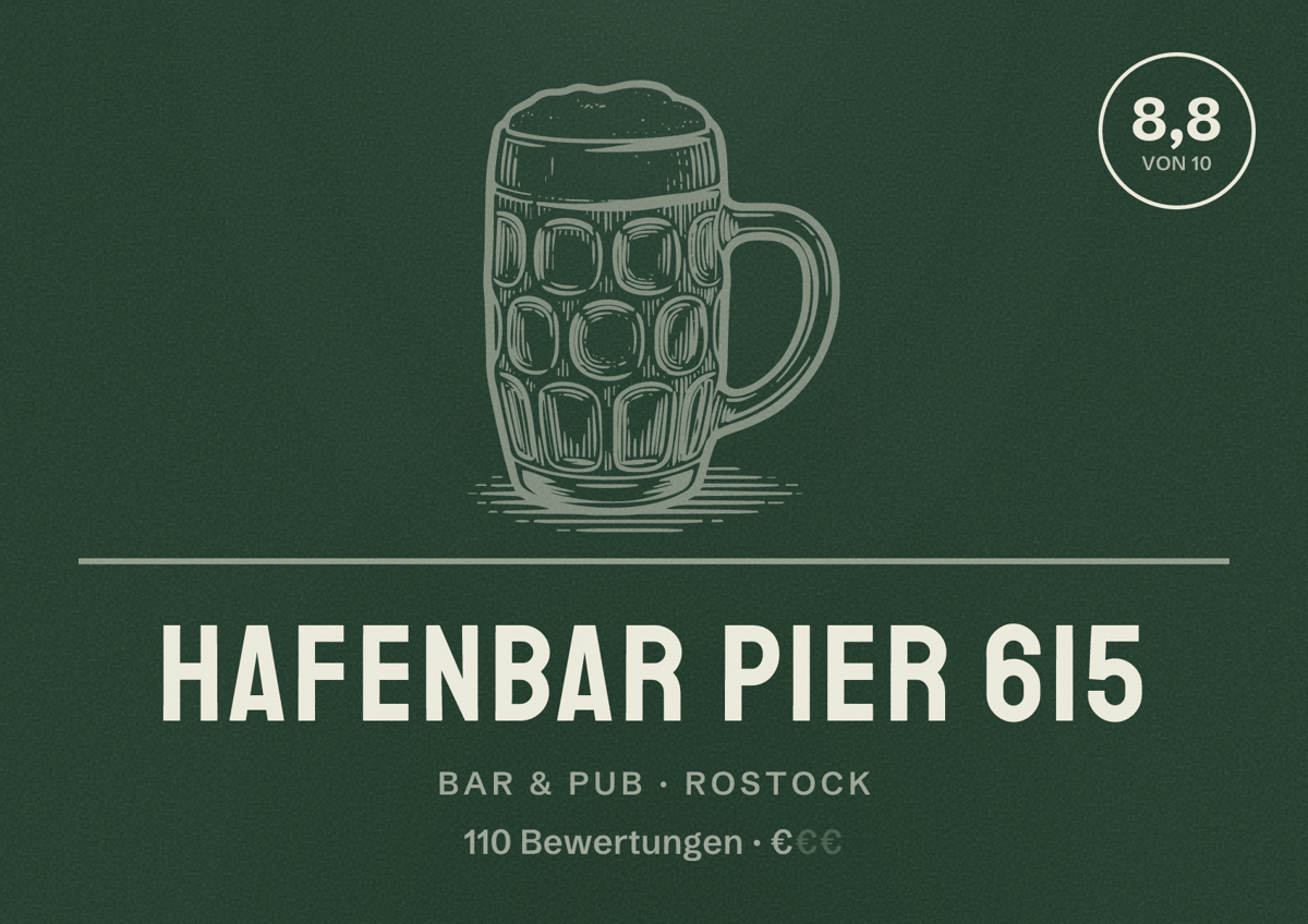 Illustriertes Poster von Hafenbar Pier 615, Bar & Pub in Rostock: Bewertung 8,8 von 10 aus 110 Bewertungen, Preisniveau €