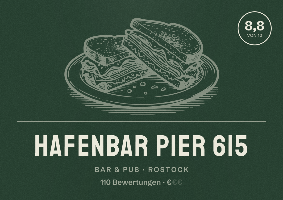 Illustriertes Poster von Hafenbar Pier 615, Bar & Pub in Rostock: Bewertung 8,8 von 10 aus 110 Bewertungen, Preisniveau €