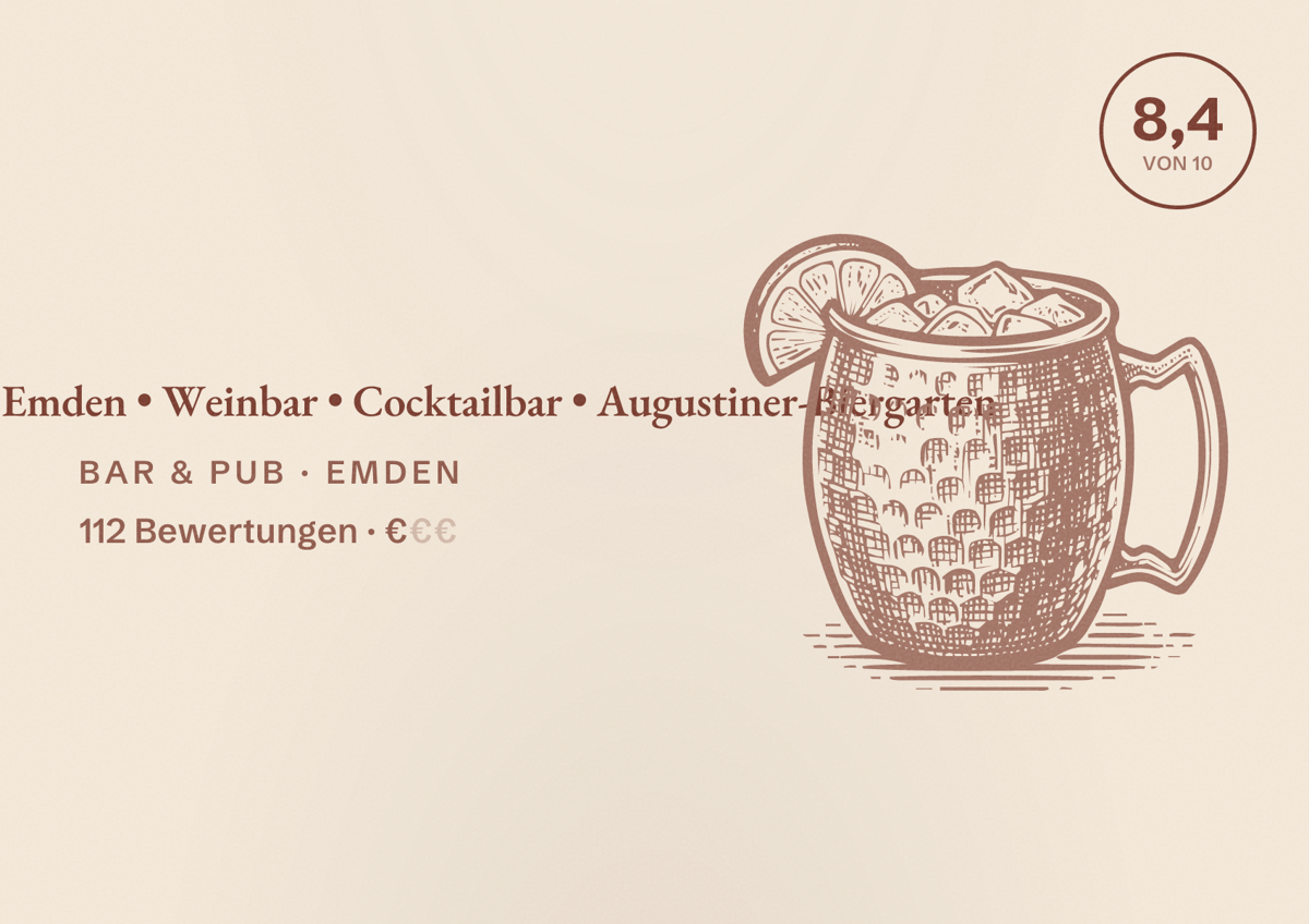 Illustriertes Poster von Hafenbar Emden • Weinbar • Cocktailbar • Augustiner-Biergarten, Bar & Pub in Emden: Bewertung 8,4 von 10 aus 112 Bewertungen, Preisniveau €