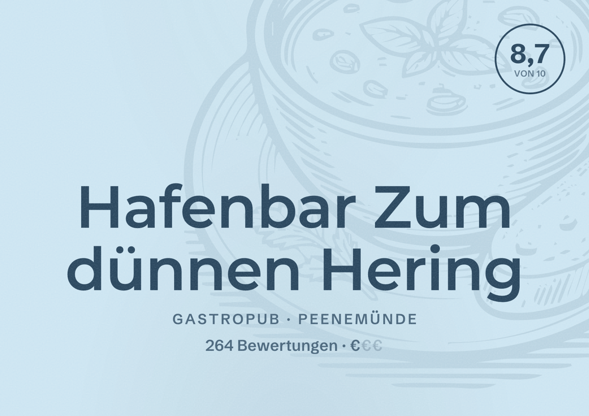 Illustriertes Poster von Hafenbar Zum dünnen Hering, Gastropub in Peenemünde: Bewertung 8,7 von 10 aus 264 Bewertungen, Preisniveau €
