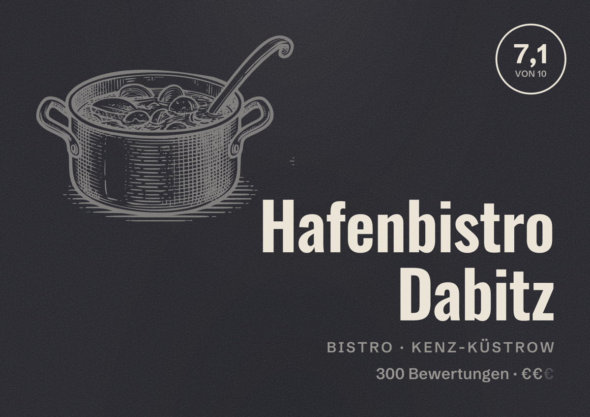 Illustriertes Poster von Hafenbistro Dabitz, Bistro in Kenz-Küstrow: Bewertung 7,1 von 10 aus 300 Bewertungen, Preisniveau €€