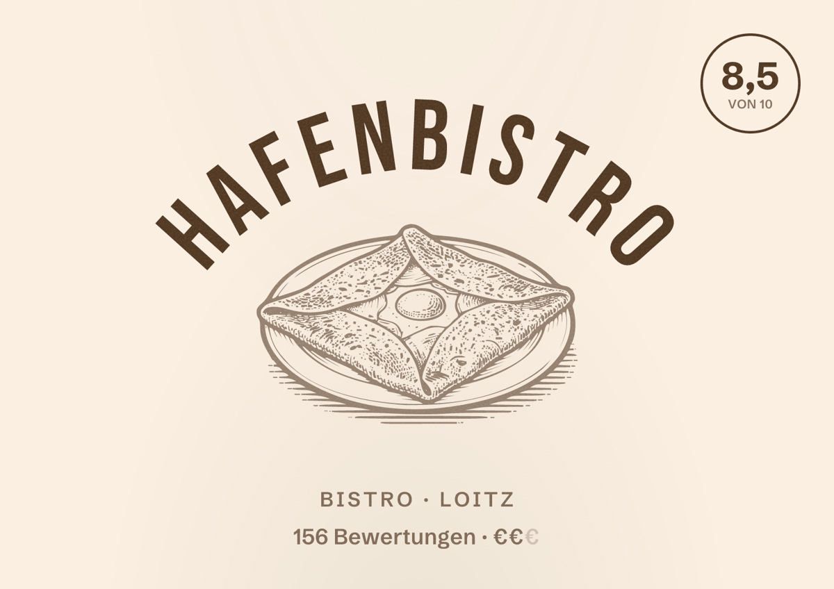 Illustriertes Poster von HAFENBISTRO, Bistro in Loitz: Bewertung 8,5 von 10 aus 156 Bewertungen, Preisniveau €€