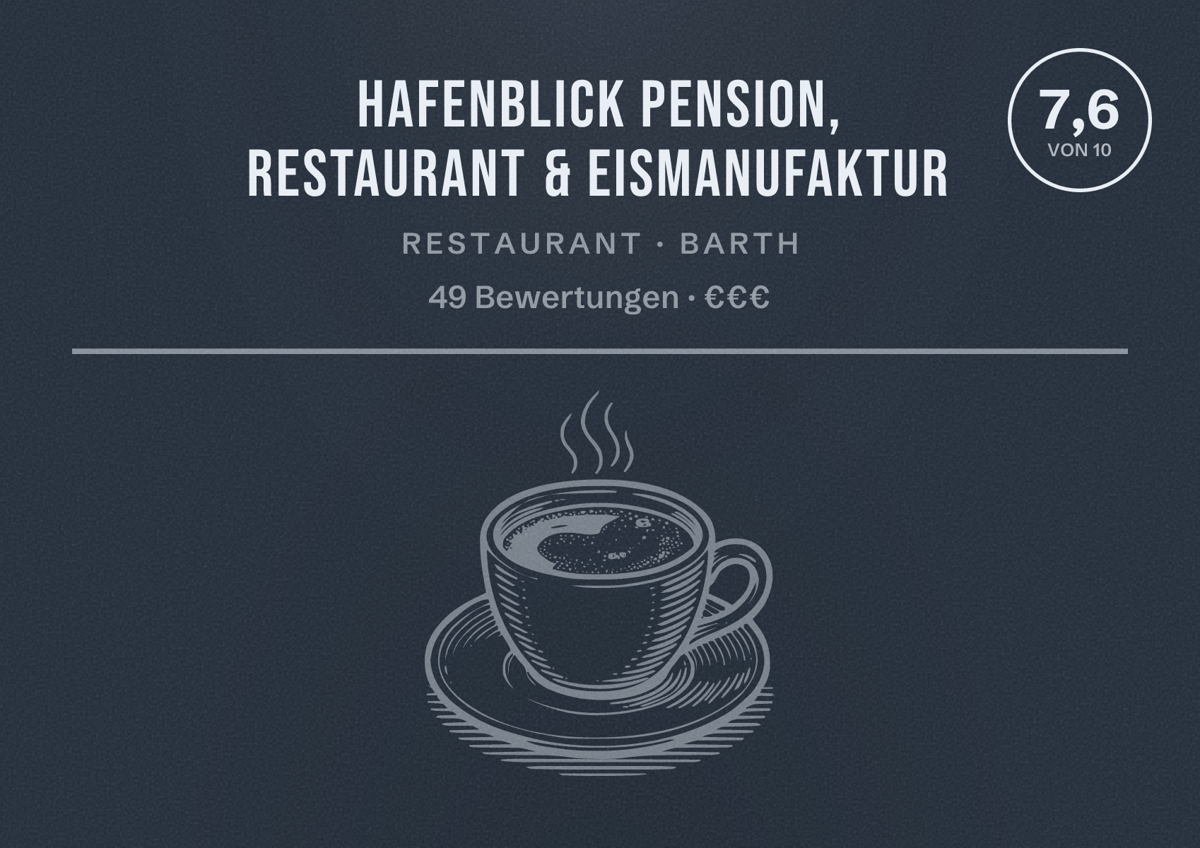 Illustriertes Poster von Hafenblick Pension, Restaurant & Eismanufaktur, Restaurant in Barth: Bewertung 7,6 von 10 aus 49 Bewertungen, Preisniveau €€€