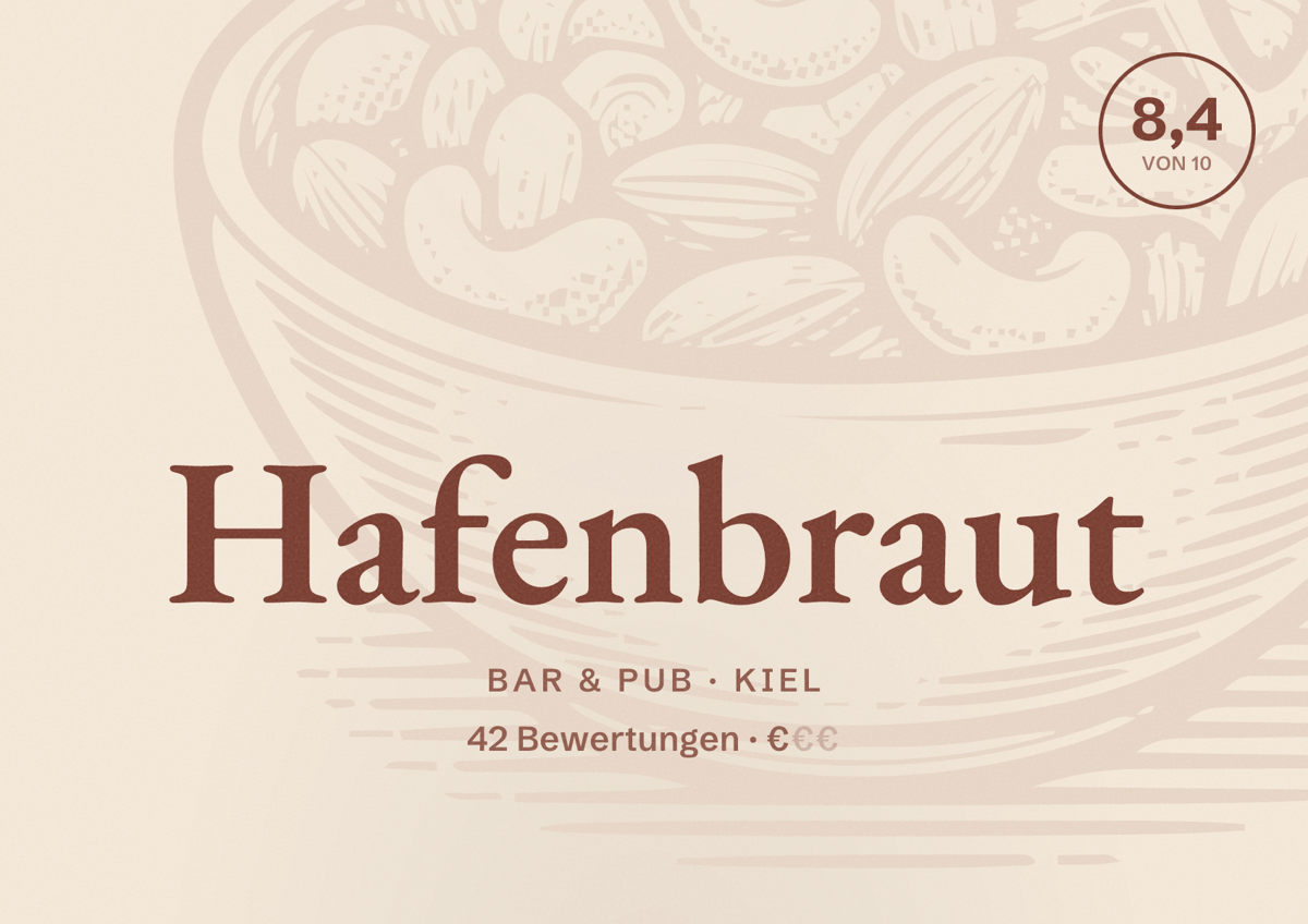 Illustriertes Poster von Hafenbraut, Bar & Pub in Kiel: Bewertung 8,4 von 10 aus 42 Bewertungen, Preisniveau €