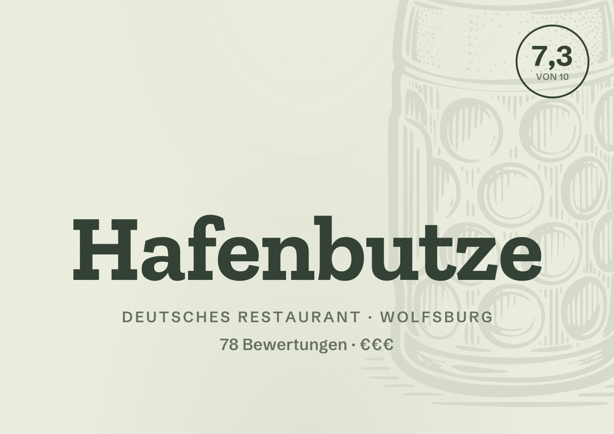 Illustriertes Poster von Hafenbutze, Deutsches Restaurant in Wolfsburg: Bewertung 7,3 von 10 aus 78 Bewertungen, Preisniveau €€€