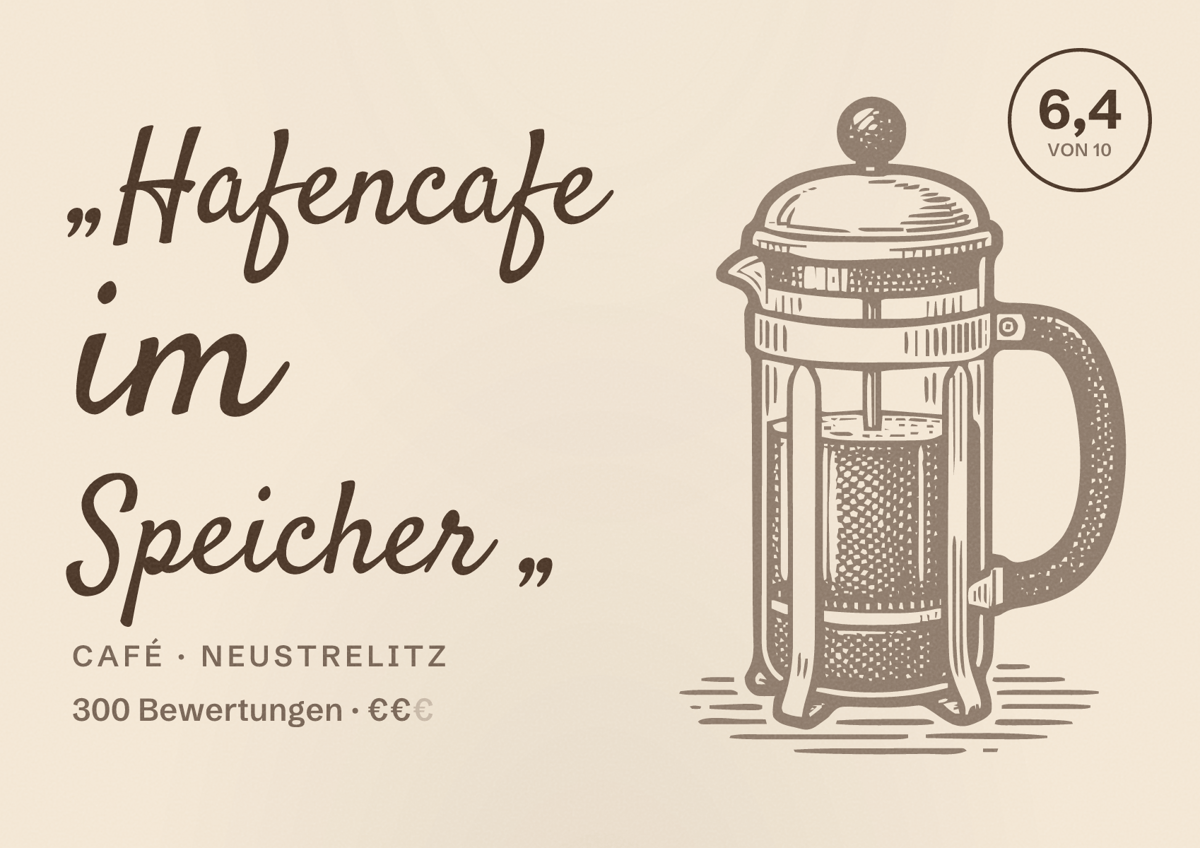 Illustriertes Poster von „Hafencafe im Speicher „, Café in Neustrelitz: Bewertung 6,4 von 10 aus 300 Bewertungen, Preisniveau €€