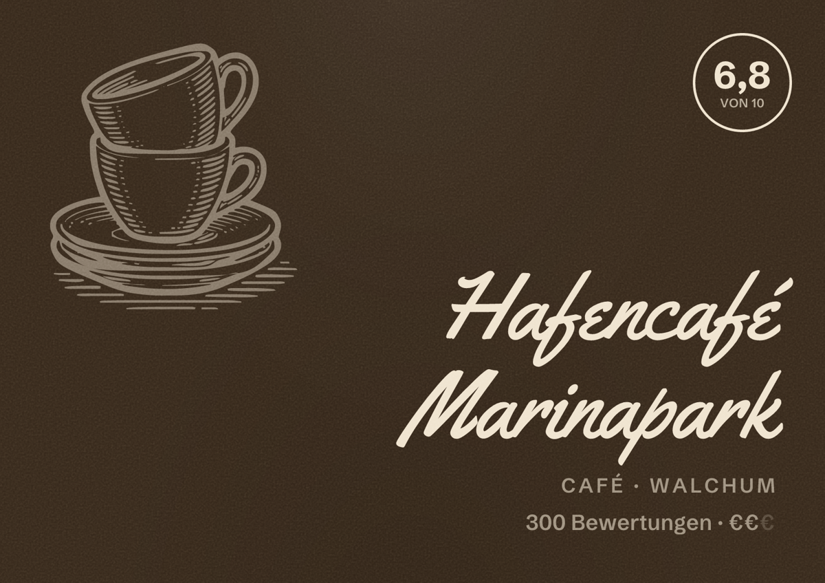 Illustriertes Poster von Hafencafé Marinapark, Café in Walchum: Bewertung 6,8 von 10 aus 300 Bewertungen, Preisniveau €€