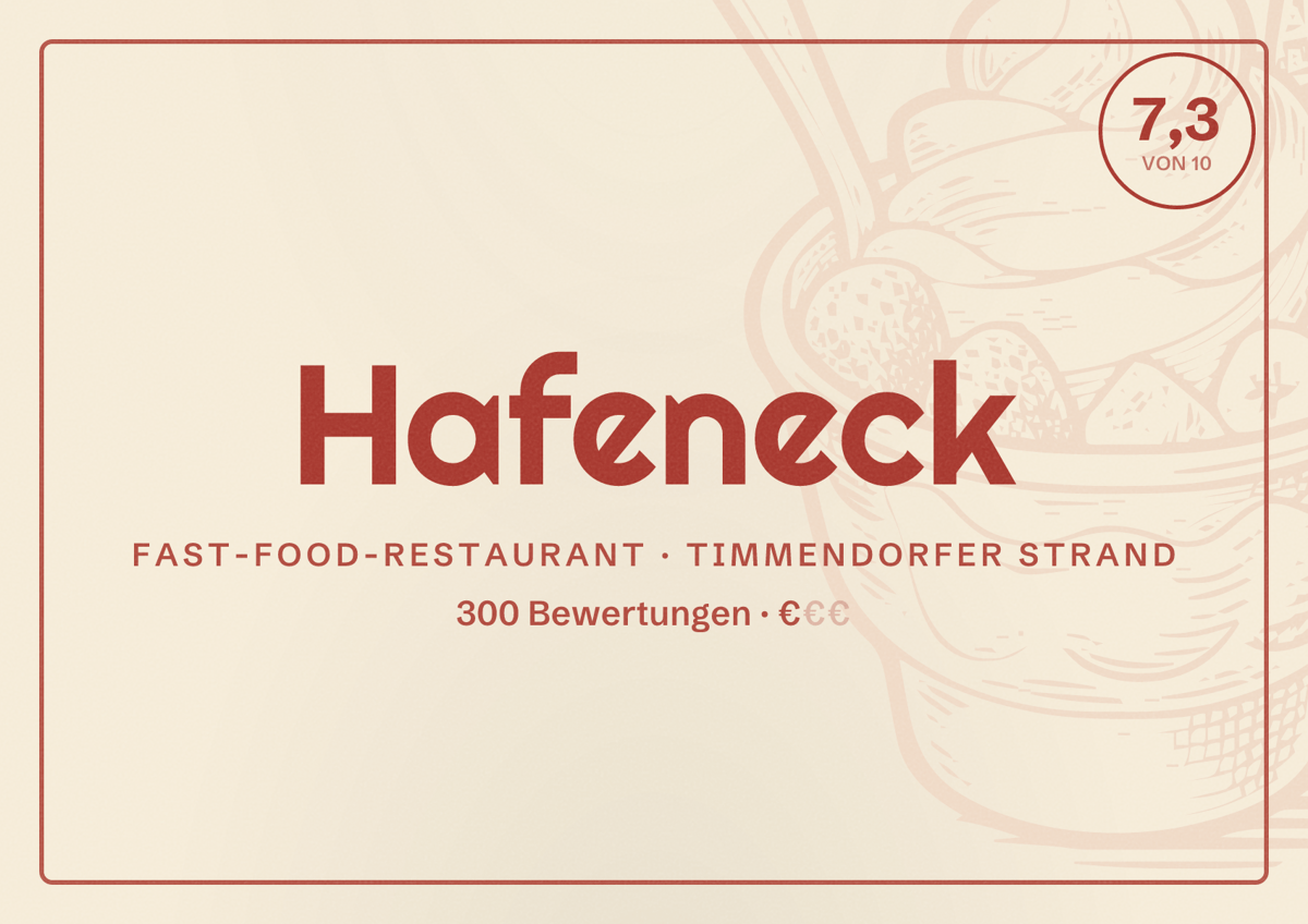 Illustriertes Poster von Hafeneck, Fast-Food-Restaurant in Timmendorfer Strand: Bewertung 7,3 von 10 aus 300 Bewertungen, Preisniveau €