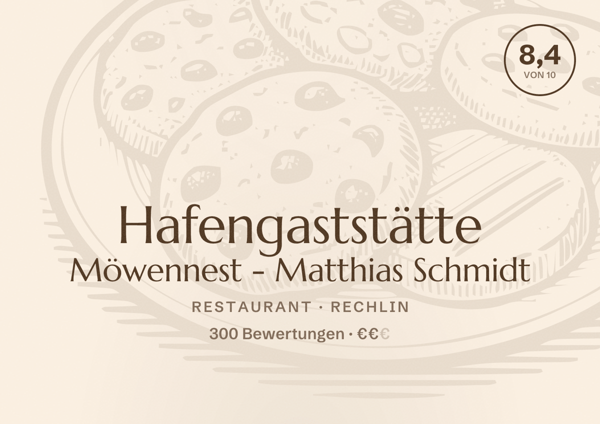 Illustriertes Poster von Hafengaststätte Möwennest - Matthias Schmidt, Restaurant in Rechlin: Bewertung 8,4 von 10 aus 300 Bewertungen, Preisniveau €€