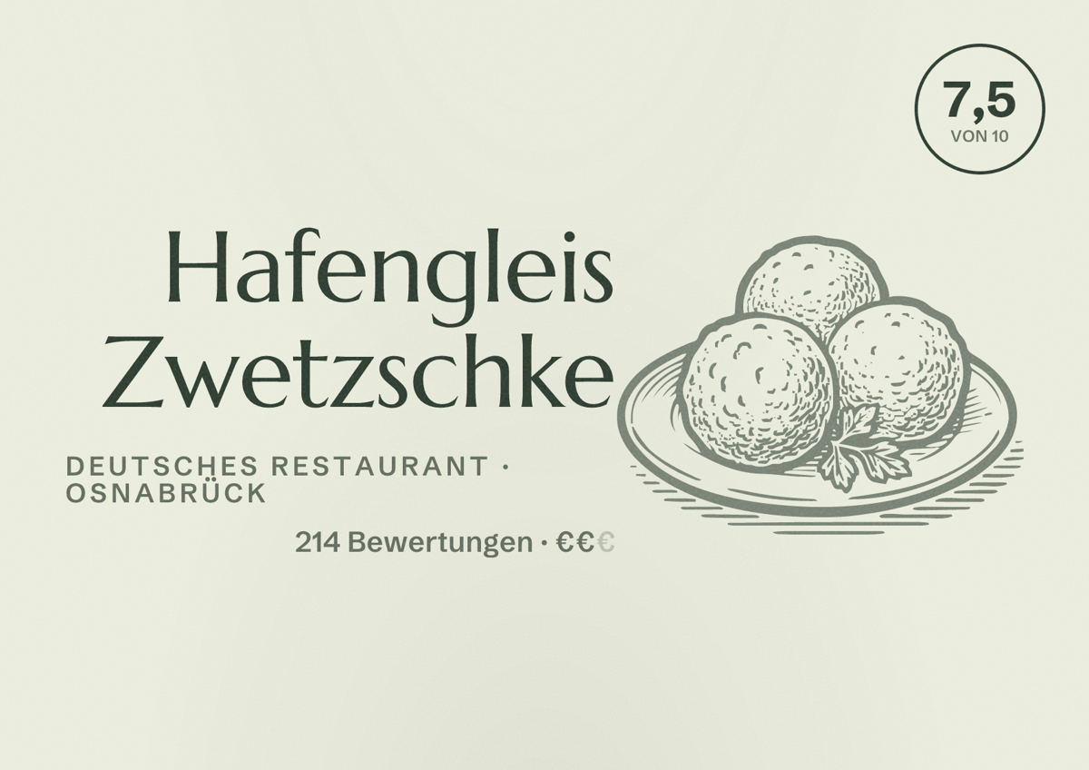 Illustriertes Poster von Hafengleis Zwetzschke, Deutsches Restaurant in Osnabrück: Bewertung 7,5 von 10 aus 214 Bewertungen, Preisniveau €€