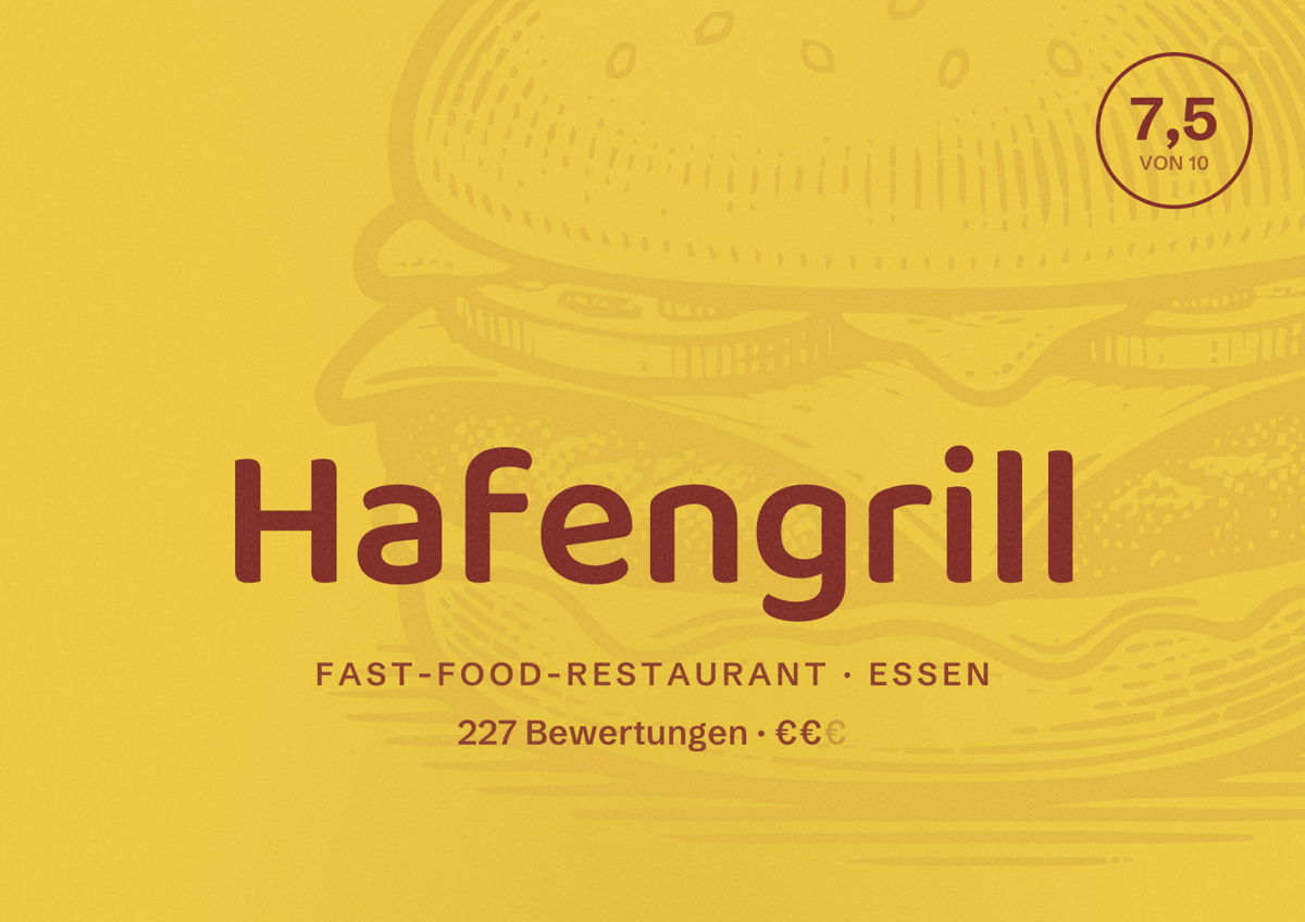 Illustriertes Poster von Hafengrill, Fast-Food-Restaurant in Essen: Bewertung 7,5 von 10 aus 227 Bewertungen, Preisniveau €€