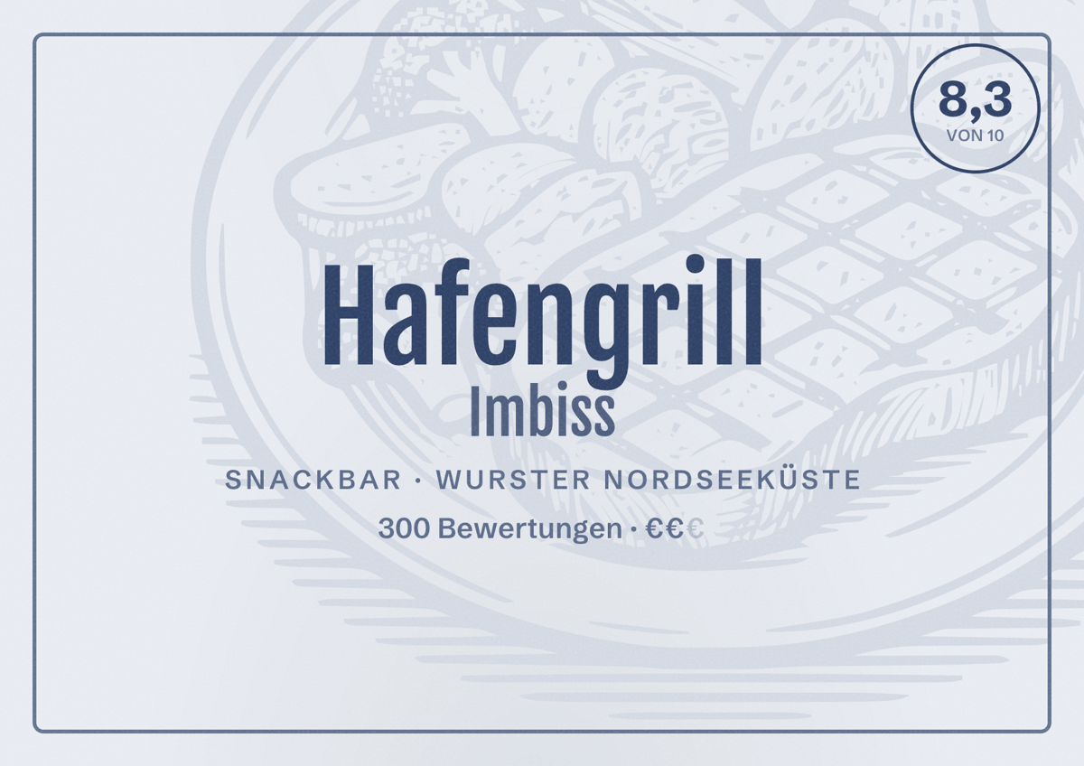 Illustriertes Poster von Hafengrill Imbiss, Snackbar in Wurster Nordseeküste: Bewertung 8,3 von 10 aus 300 Bewertungen, Preisniveau €€