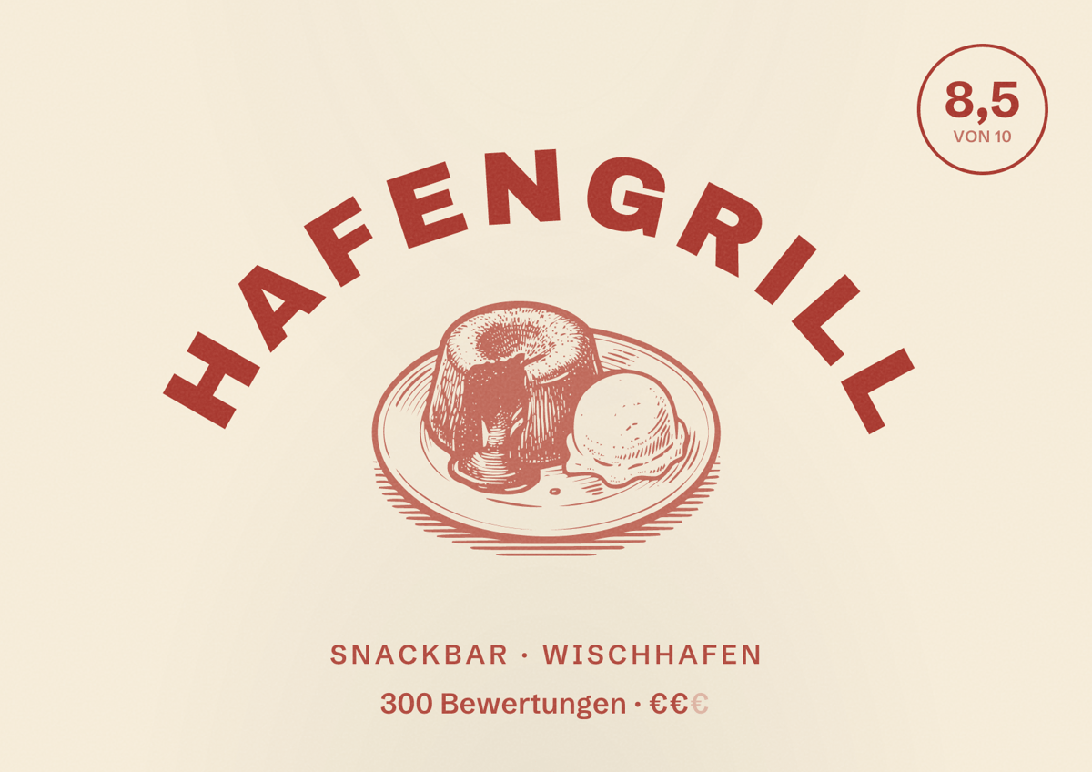 Illustriertes Poster von Hafengrill, Snackbar in Wischhafen: Bewertung 8,5 von 10 aus 300 Bewertungen, Preisniveau €€