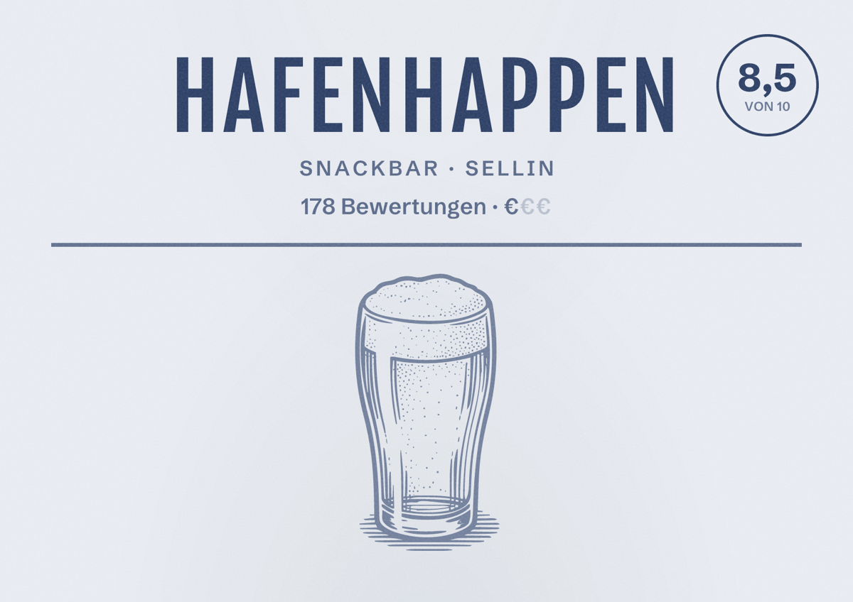 Illustriertes Poster von Hafenhappen, Snackbar in Sellin: Bewertung 8,5 von 10 aus 178 Bewertungen, Preisniveau €