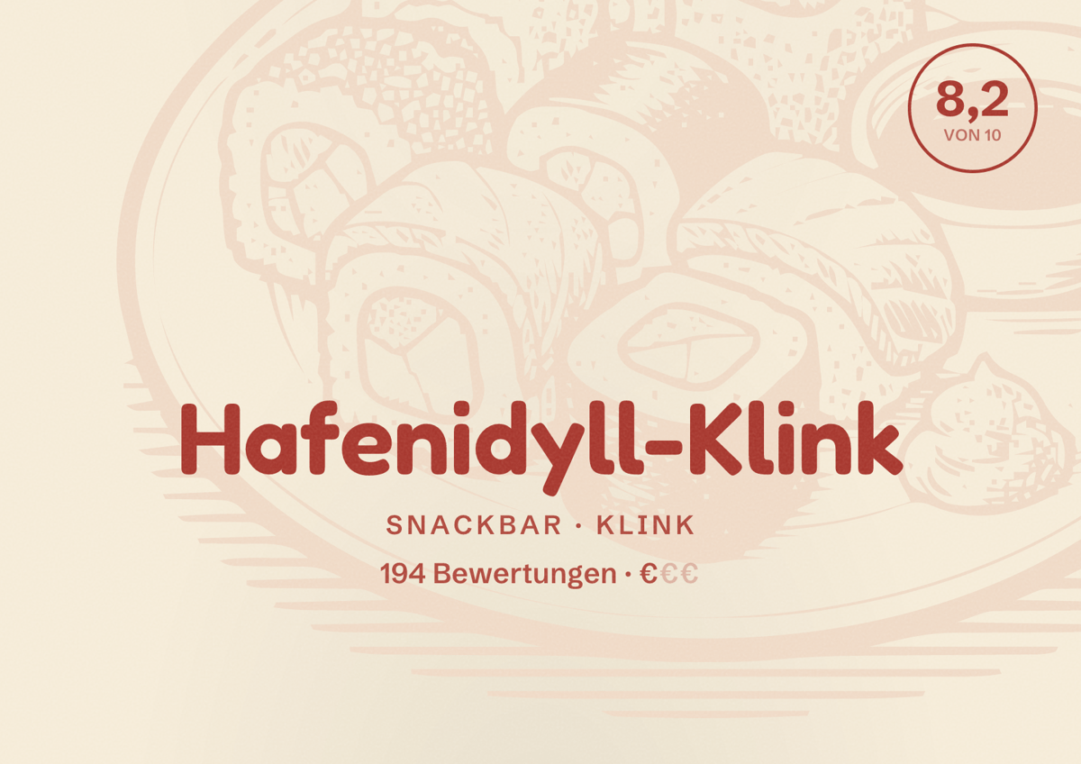 Illustriertes Poster von Hafenidyll-Klink, Snackbar in Klink: Bewertung 8,2 von 10 aus 194 Bewertungen, Preisniveau €