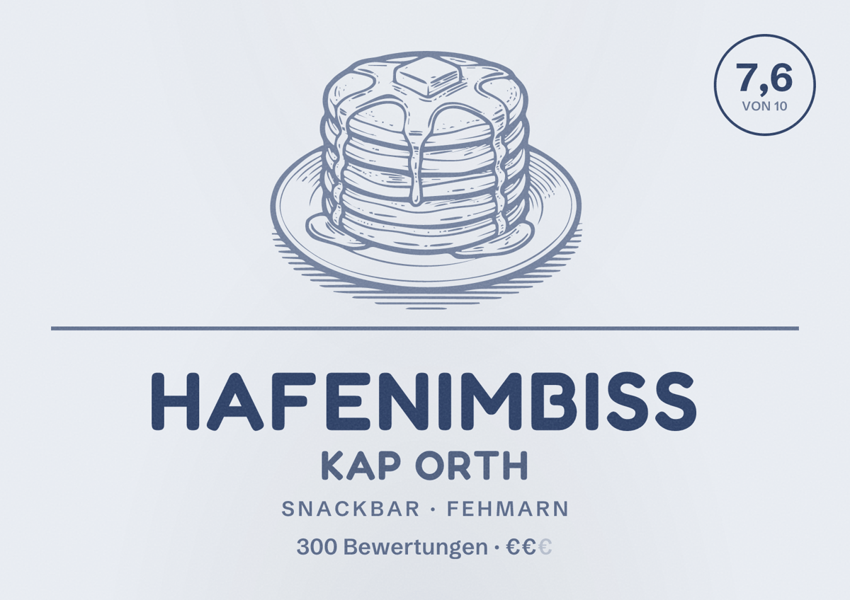 Illustriertes Poster von Hafenimbiss Kap Orth, Snackbar in Fehmarn: Bewertung 7,6 von 10 aus 300 Bewertungen, Preisniveau €€