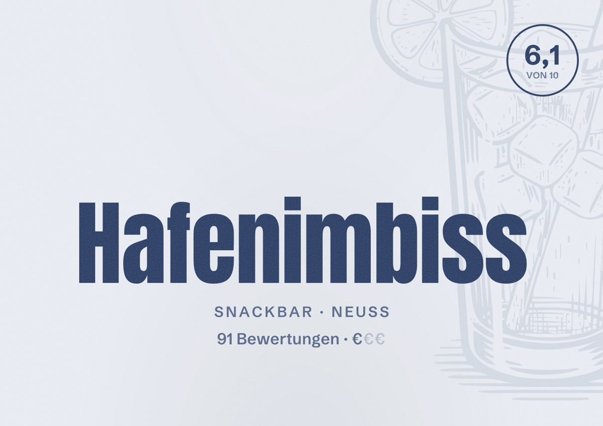Illustriertes Poster von Hafenimbiss, Snackbar in Neuss: Bewertung 6,1 von 10 aus 91 Bewertungen, Preisniveau €