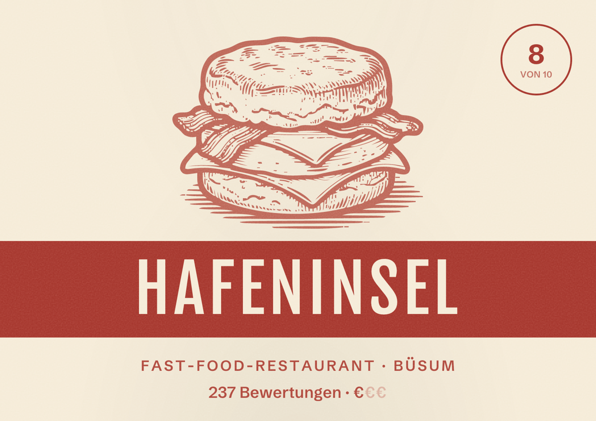 Illustriertes Poster von Hafeninsel, Fast-Food-Restaurant in Büsum: Bewertung 8 von 10 aus 237 Bewertungen, Preisniveau €