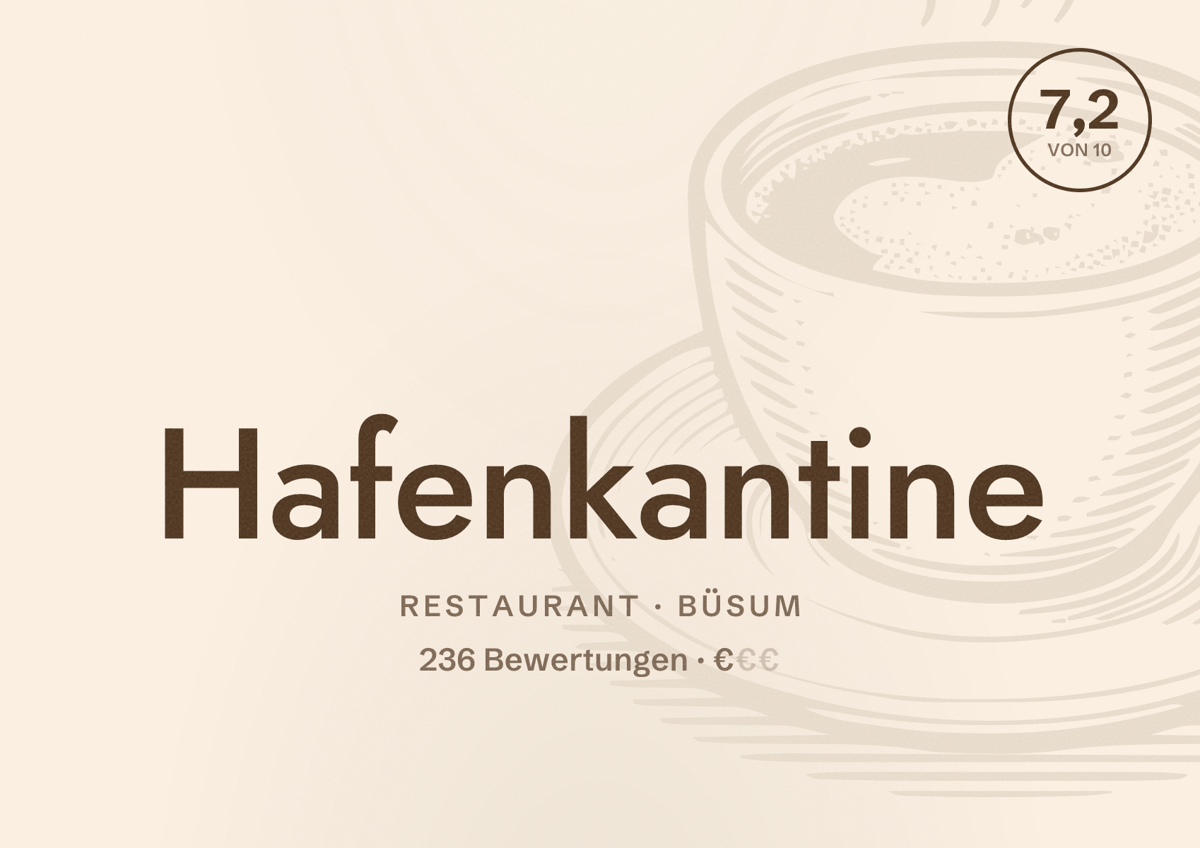 Illustriertes Poster von Hafenkantine, Restaurant in Büsum: Bewertung 7,2 von 10 aus 236 Bewertungen, Preisniveau €
