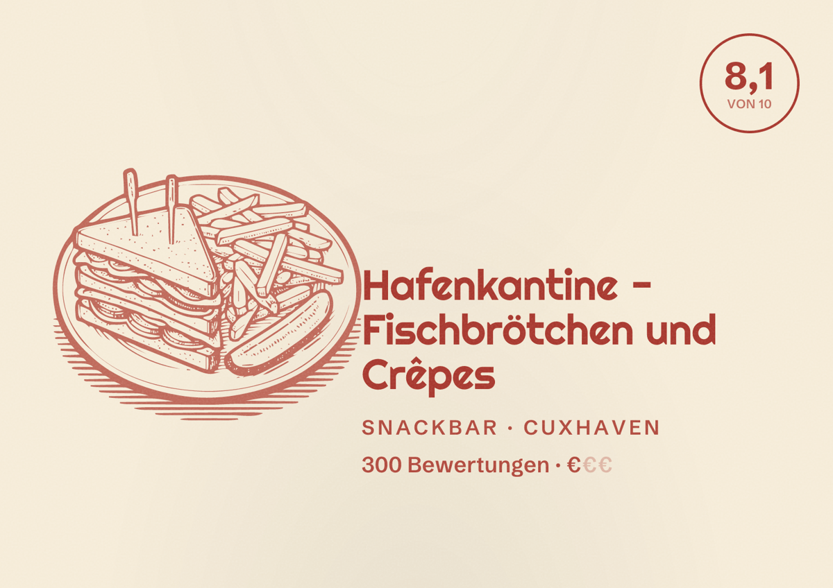 Illustriertes Poster von Hafenkantine - Fischbrötchen und Crêpes, Snackbar in Cuxhaven: Bewertung 8,1 von 10 aus 300 Bewertungen, Preisniveau €
