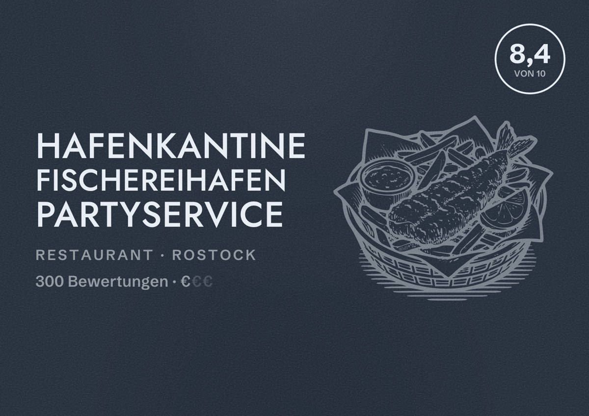 Illustriertes Poster von Hafenkantine Fischereihafen Partyservice, Restaurant in Rostock: Bewertung 8,4 von 10 aus 300 Bewertungen, Preisniveau €