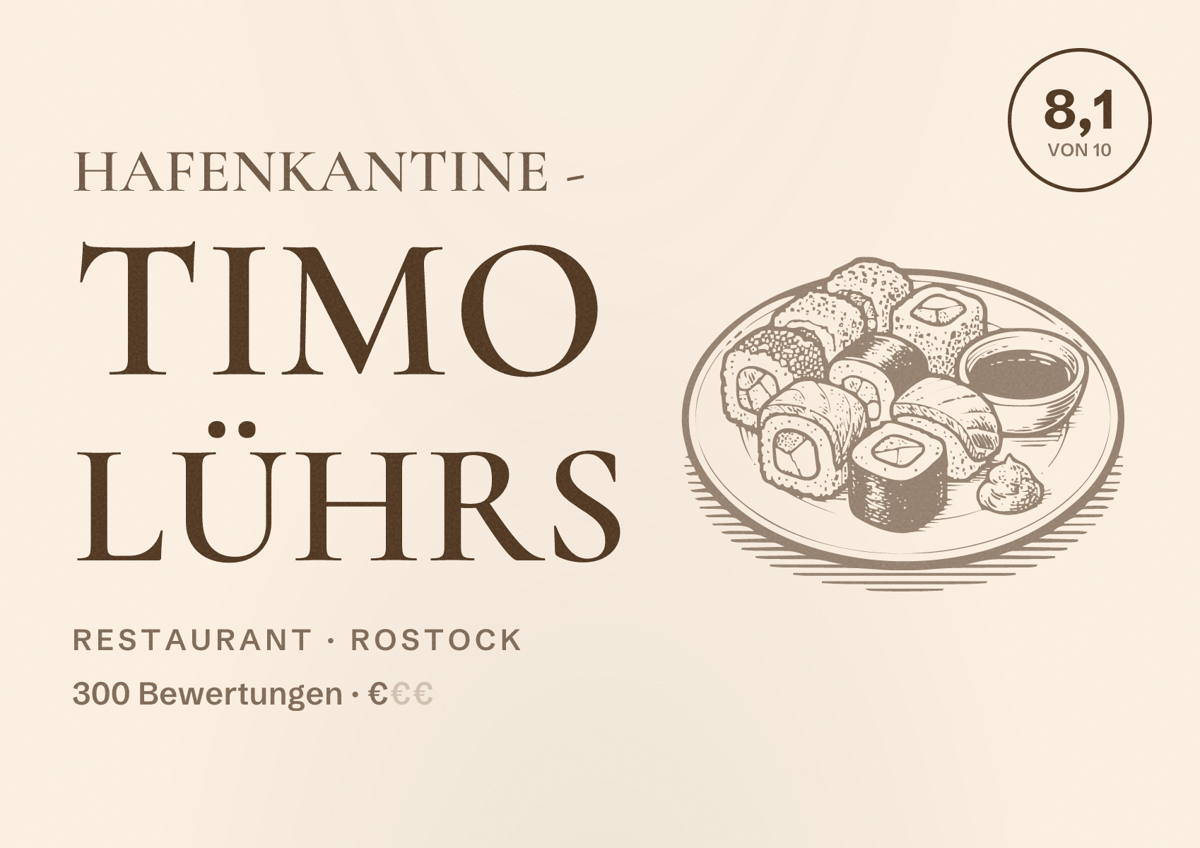 Illustriertes Poster von Hafenkantine - Timo Lührs, Restaurant in Rostock: Bewertung 8,1 von 10 aus 300 Bewertungen, Preisniveau €