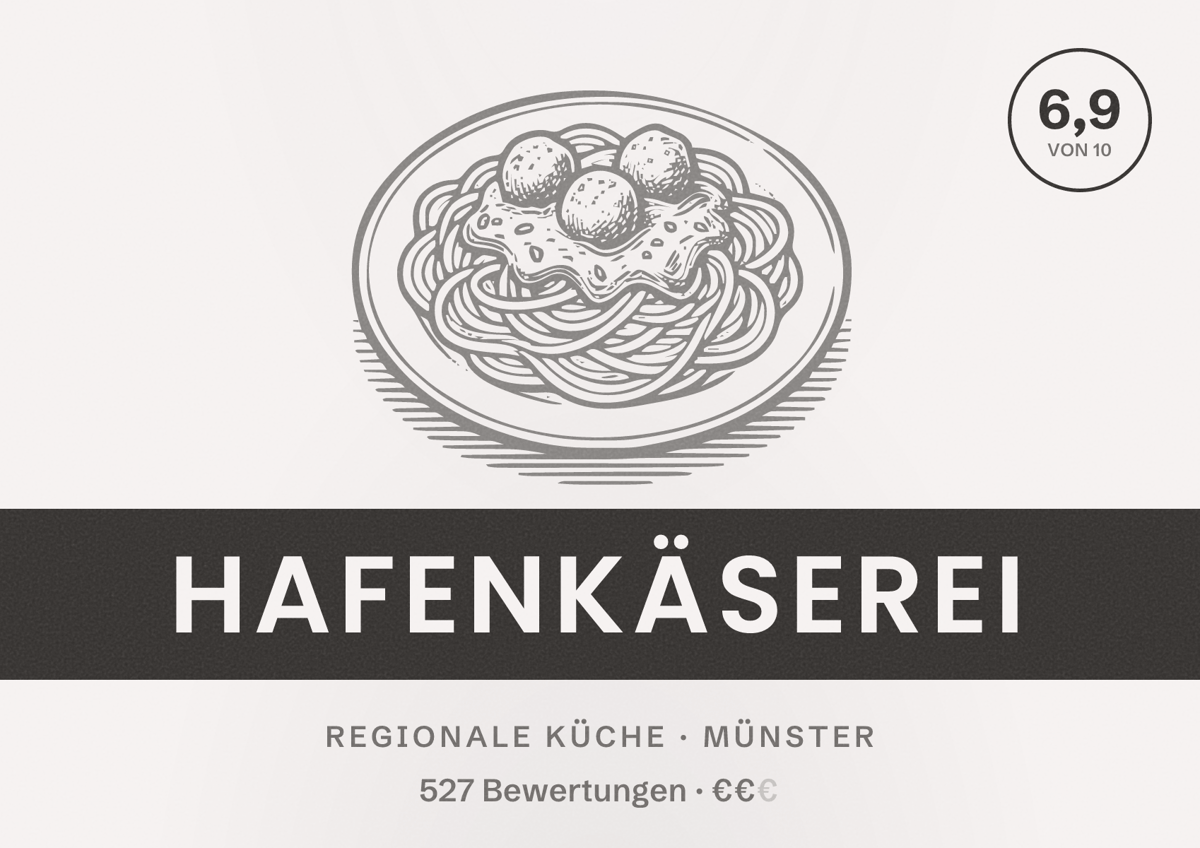 Illustriertes Poster von Hafenkäserei, Regionale Küche in Münster: Bewertung 6,9 von 10 aus 527 Bewertungen, Preisniveau €€