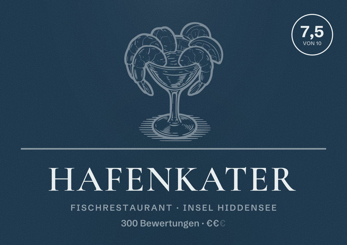 Illustriertes Poster von Hafenkater, Fischrestaurant in Insel Hiddensee: Bewertung 7,5 von 10 aus 300 Bewertungen, Preisniveau €€
