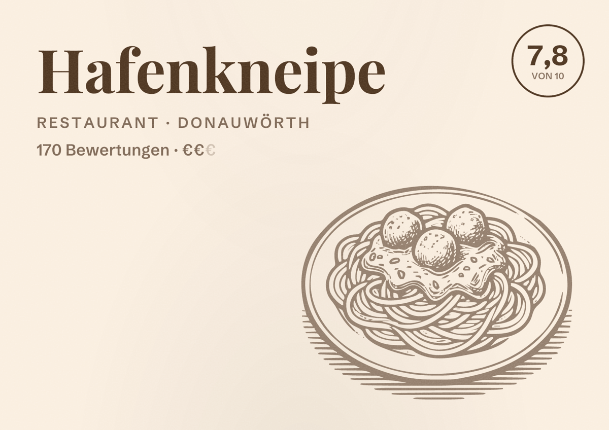 Illustriertes Poster von Hafenkneipe, Restaurant in Donauwörth: Bewertung 7,8 von 10 aus 170 Bewertungen, Preisniveau €€