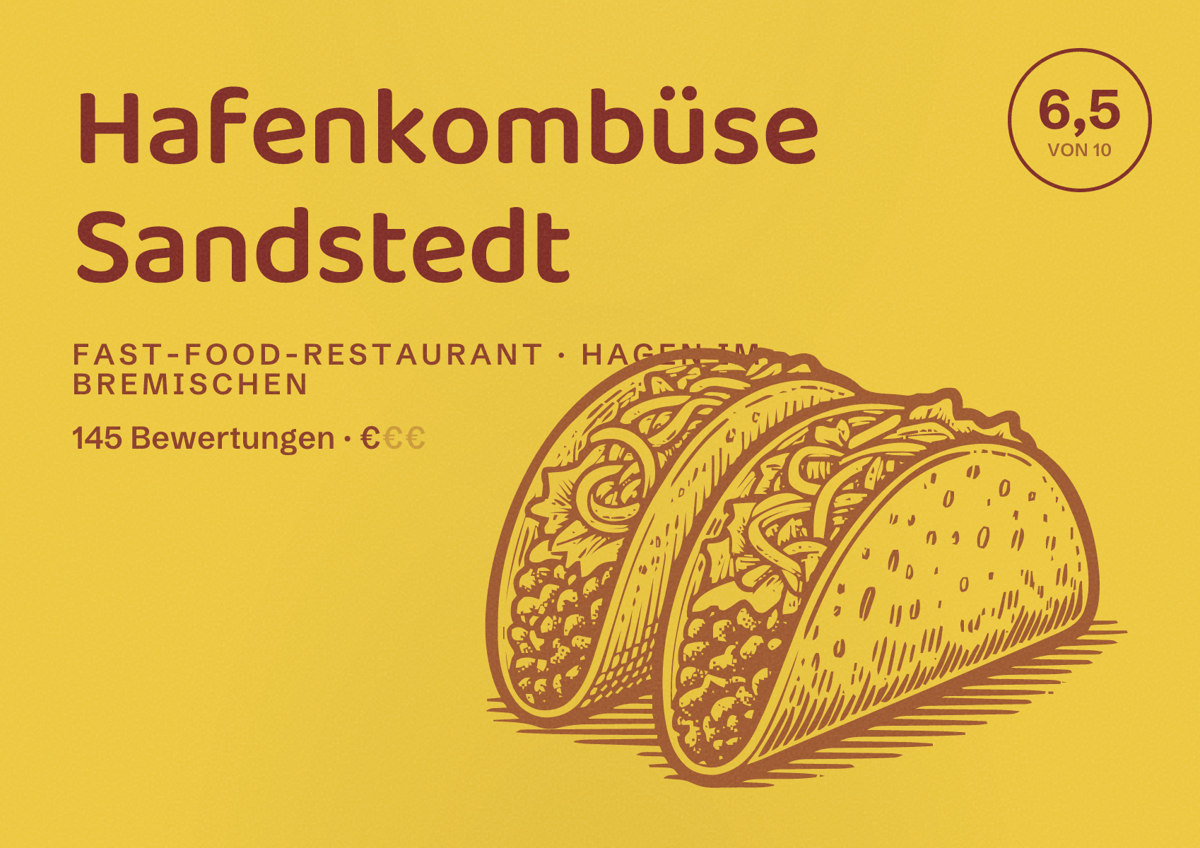Illustriertes Poster von Hafenkombüse Sandstedt, Fast-Food-Restaurant in Hagen im Bremischen: Bewertung 6,5 von 10 aus 145 Bewertungen, Preisniveau €