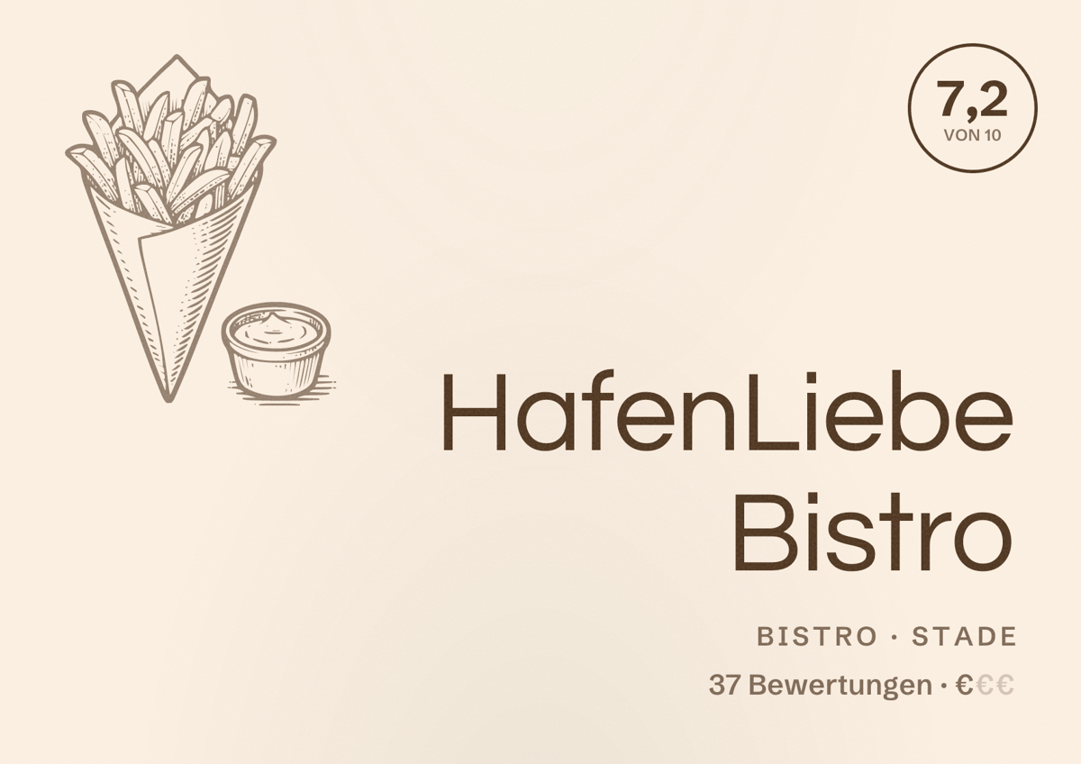Illustriertes Poster von HafenLiebe Bistro, Bistro in Stade: Bewertung 7,2 von 10 aus 37 Bewertungen, Preisniveau €