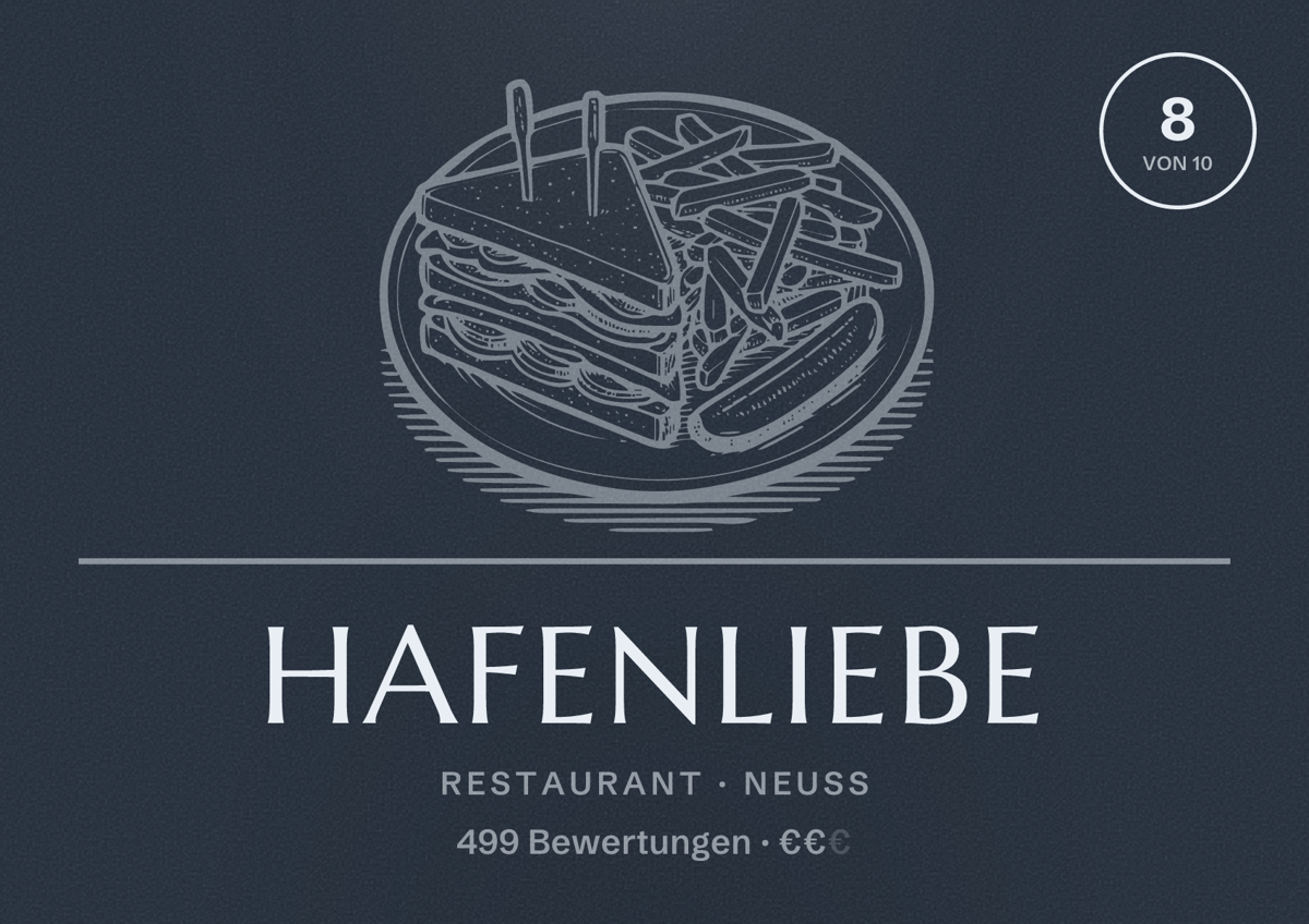 Illustriertes Poster von Hafenliebe, Restaurant in Neuss: Bewertung 8,0 von 10 aus 499 Bewertungen, Preisniveau €€