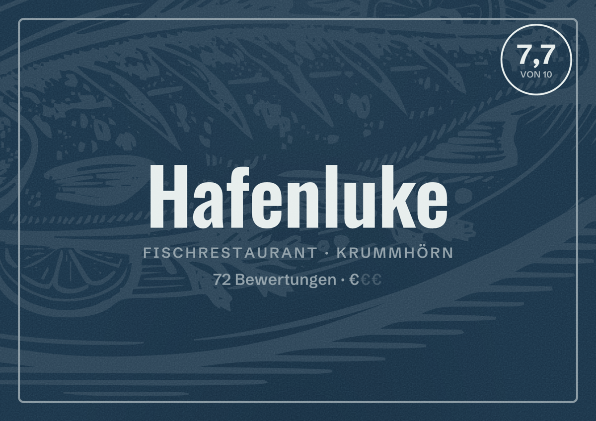 Illustriertes Poster von Hafenluke, Fischrestaurant in Krummhörn: Bewertung 7,7 von 10 aus 72 Bewertungen, Preisniveau €