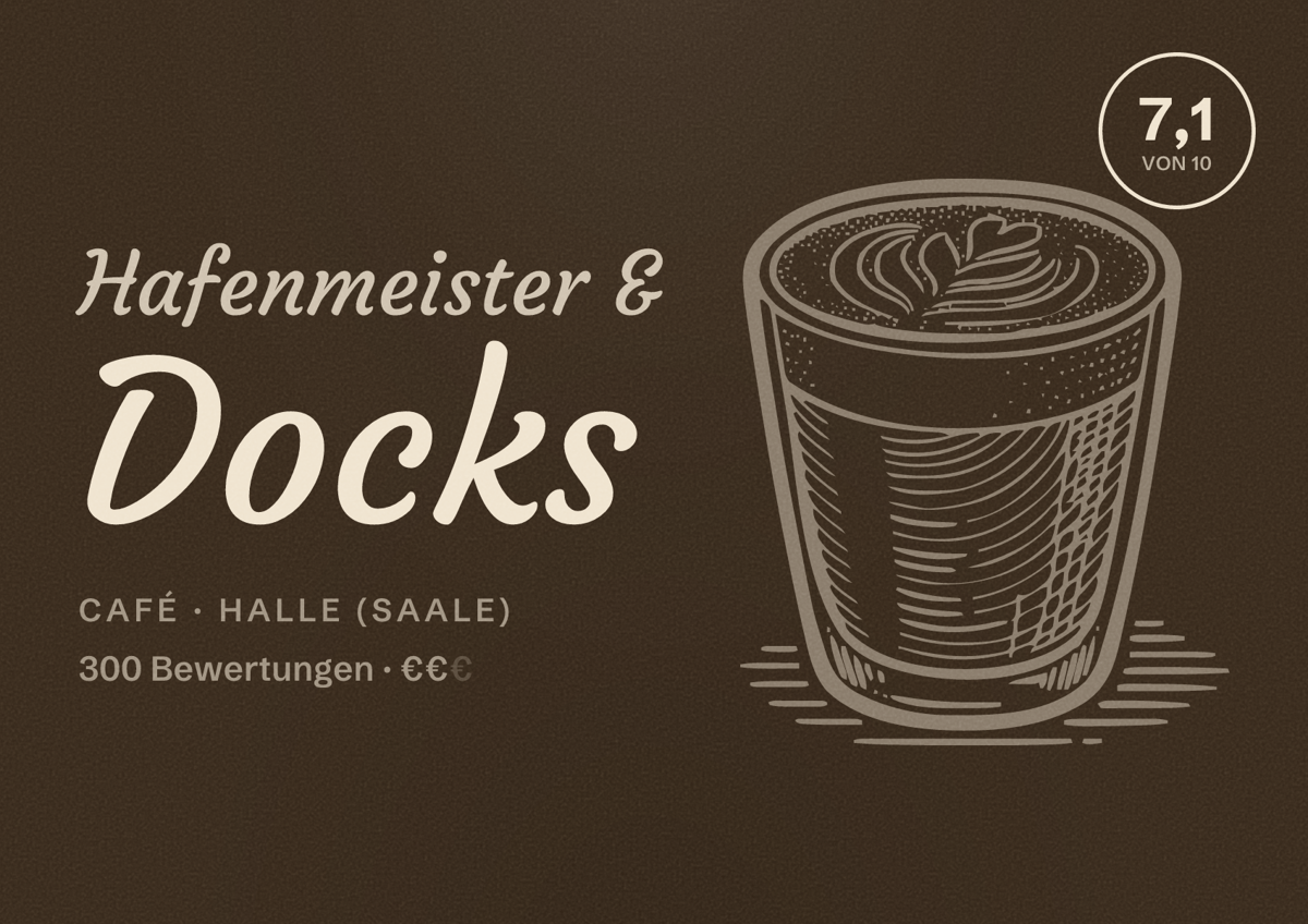 Illustriertes Poster von Hafenmeister & Docks, Café in Halle (Saale): Bewertung 7,1 von 10 aus 300 Bewertungen, Preisniveau €€