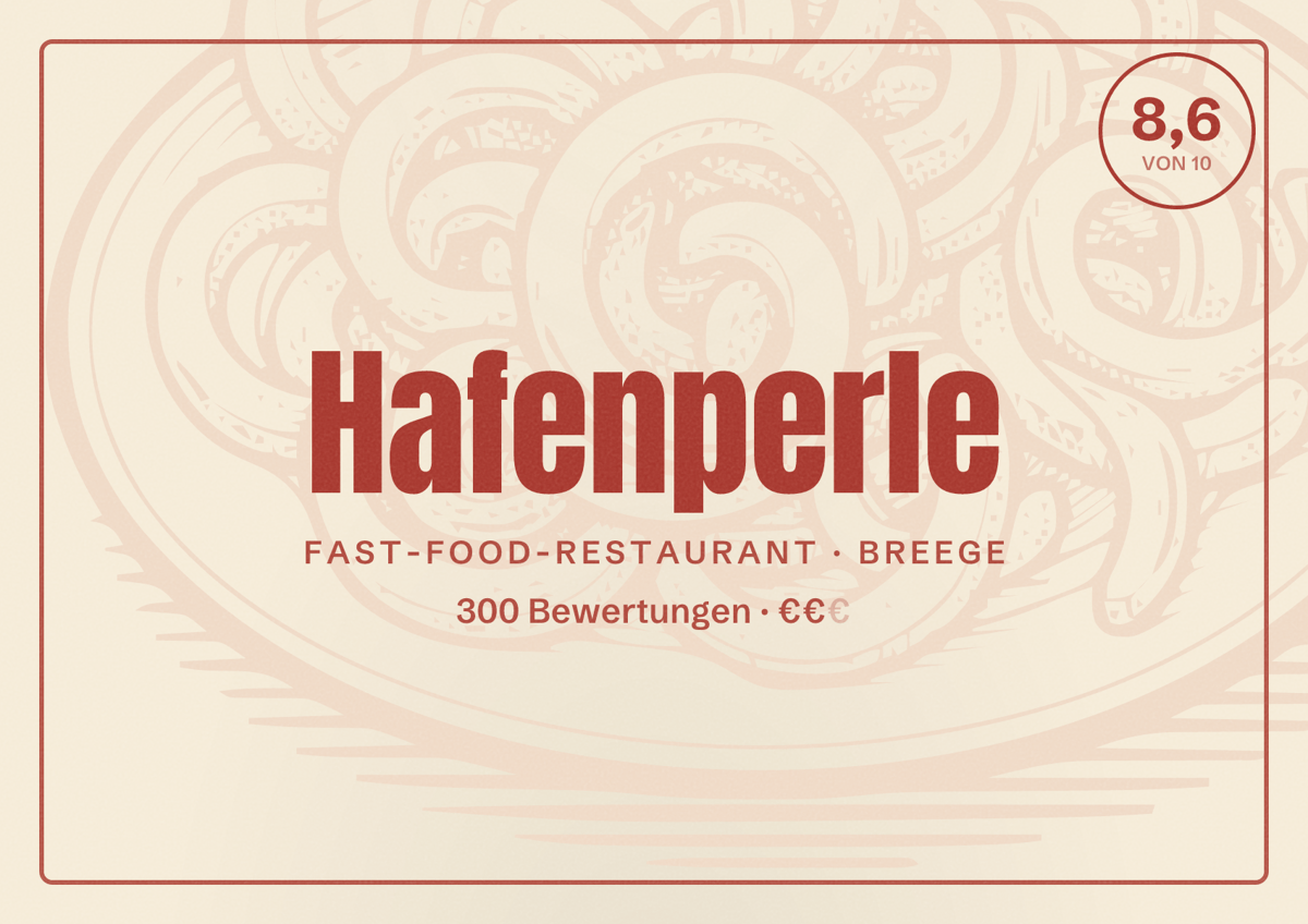 Illustriertes Poster von Hafenperle, Fast-Food-Restaurant in Breege: Bewertung 8,6 von 10 aus 300 Bewertungen, Preisniveau €€