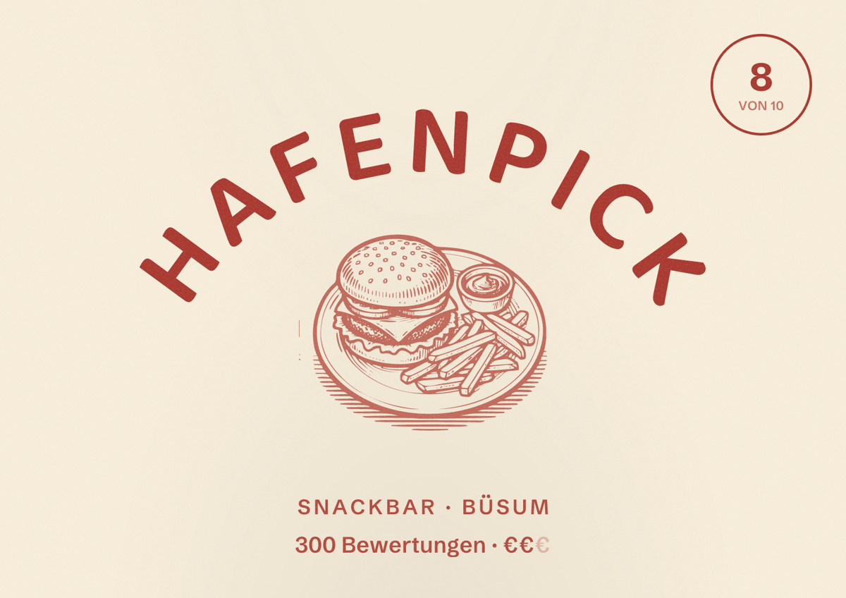 Illustriertes Poster von Hafenpick, Snackbar in Büsum: Bewertung 8 von 10 aus 300 Bewertungen, Preisniveau €€