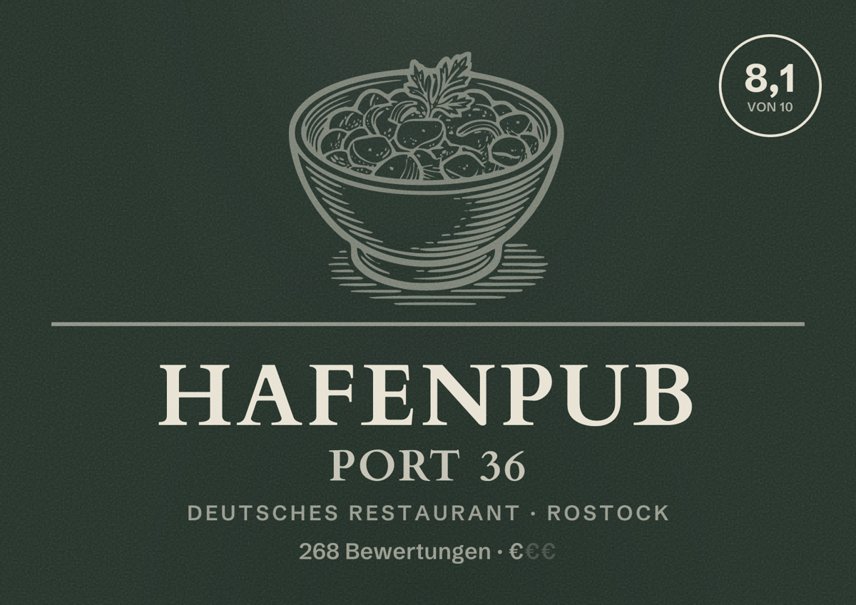 Illustriertes Poster von Hafenpub Port 36, Deutsches Restaurant in Rostock: Bewertung 8,1 von 10 aus 268 Bewertungen, Preisniveau €